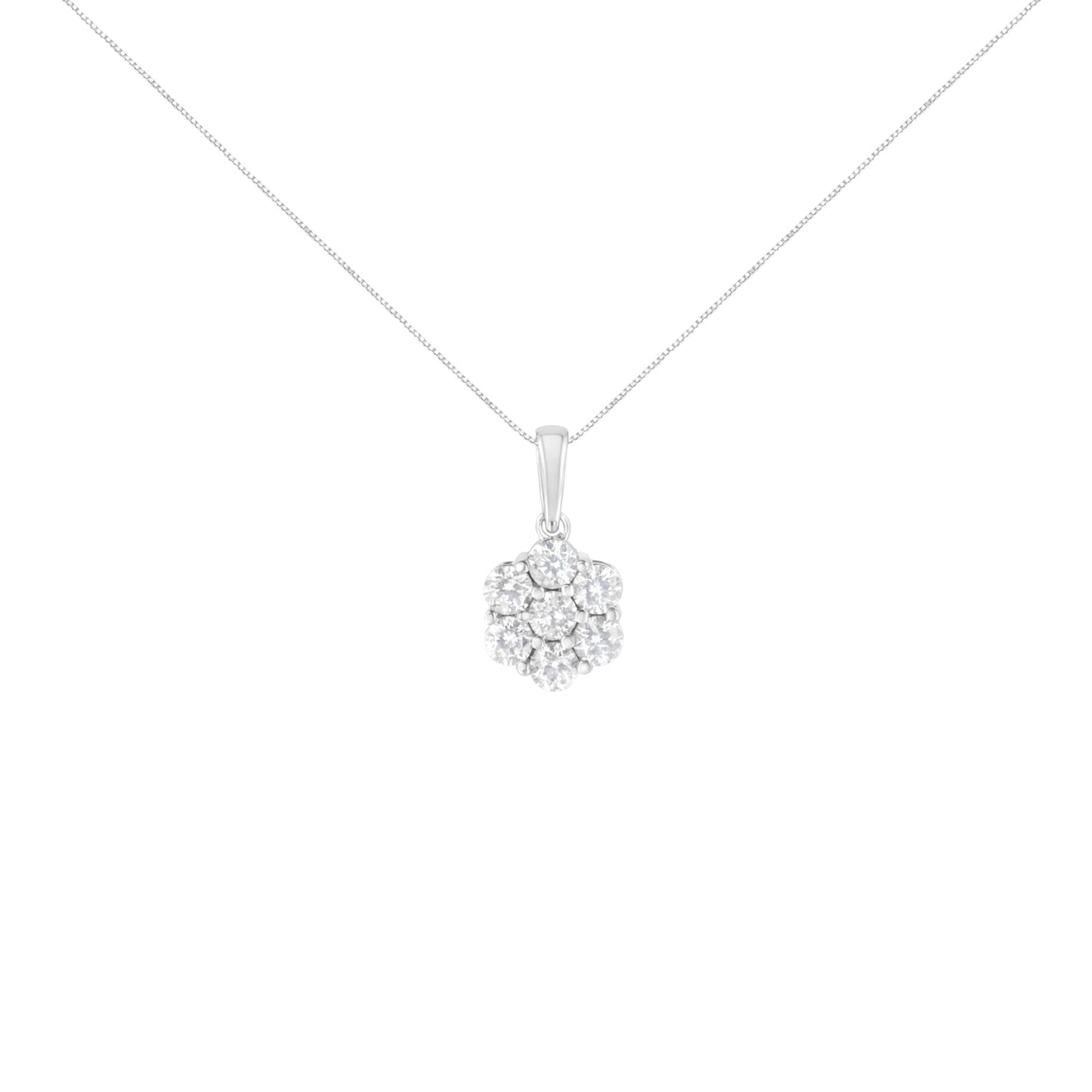 14K White Gold 2.00 Cttw Brilliant Round-Cut Diamond 7 Stone Flower Cluster 18" Pendant Necklace (H-I Color, SI2-I1 Clarity)