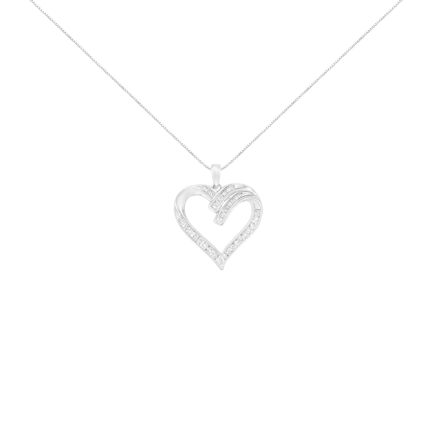 .925 Sterling Silver 1/2 Cttw Channel Set Round and Baguette Cut Diamond Open Heart 18" Pendant Necklace (I-J Color, I2-I3 Clarity)