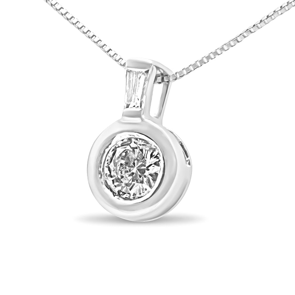 10K White Gold 1/4 Cttw Round and Baguette Diamond Bale and Solitaire 18" Pendant Necklace (I-J Color, I2-I3 Clarity)