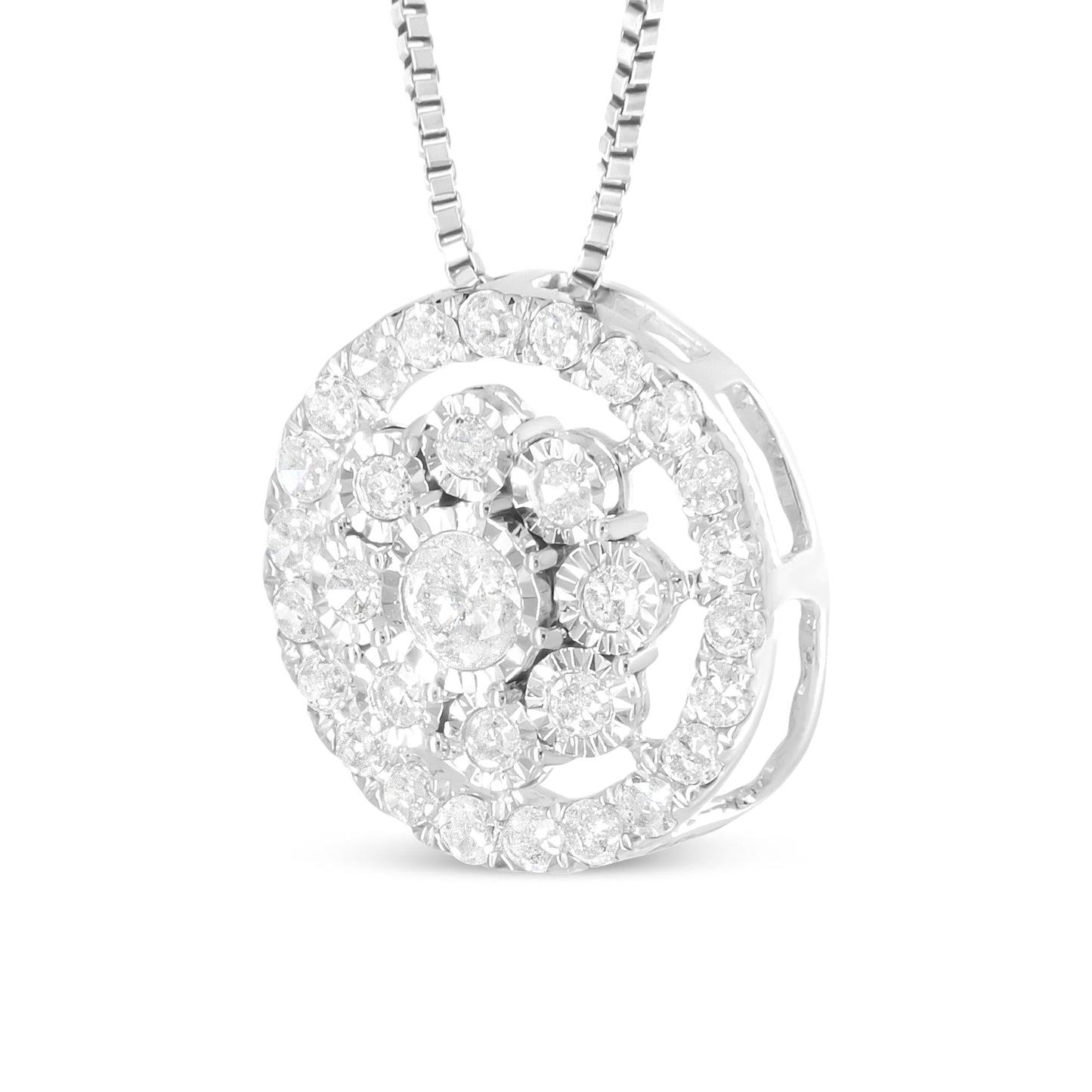 10K White Gold 1/2 Cttw Miracle Set Diamond Cluster Flower Halo 18" Pendant Necklace (I-J Color, I1-I2 Clarity)