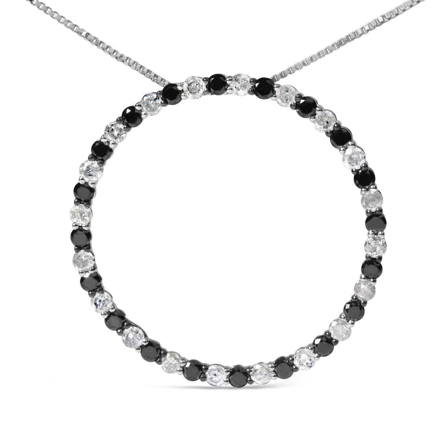 .925 Sterling Silver 2.0 Cttw Alternating Black and White Diamond Open Hoop Circle Pendant Necklace (H-I Color, I2-I3 Clarity) - 18" Inches