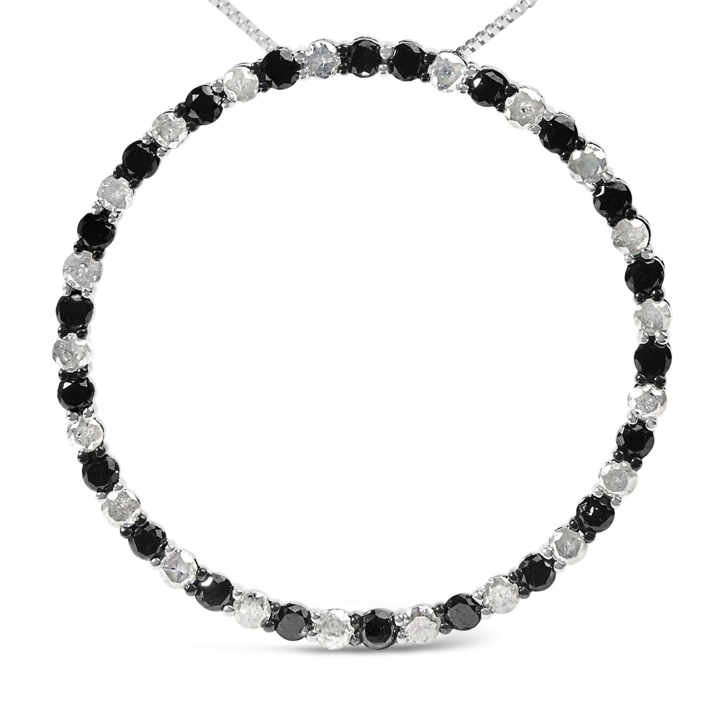 .925 Sterling Silver 3.0 Cttw Alternating Black and White Diamond Open Hoop Circle Pendant Necklace (H-I Color, I3 Clarity) - 18" Inches