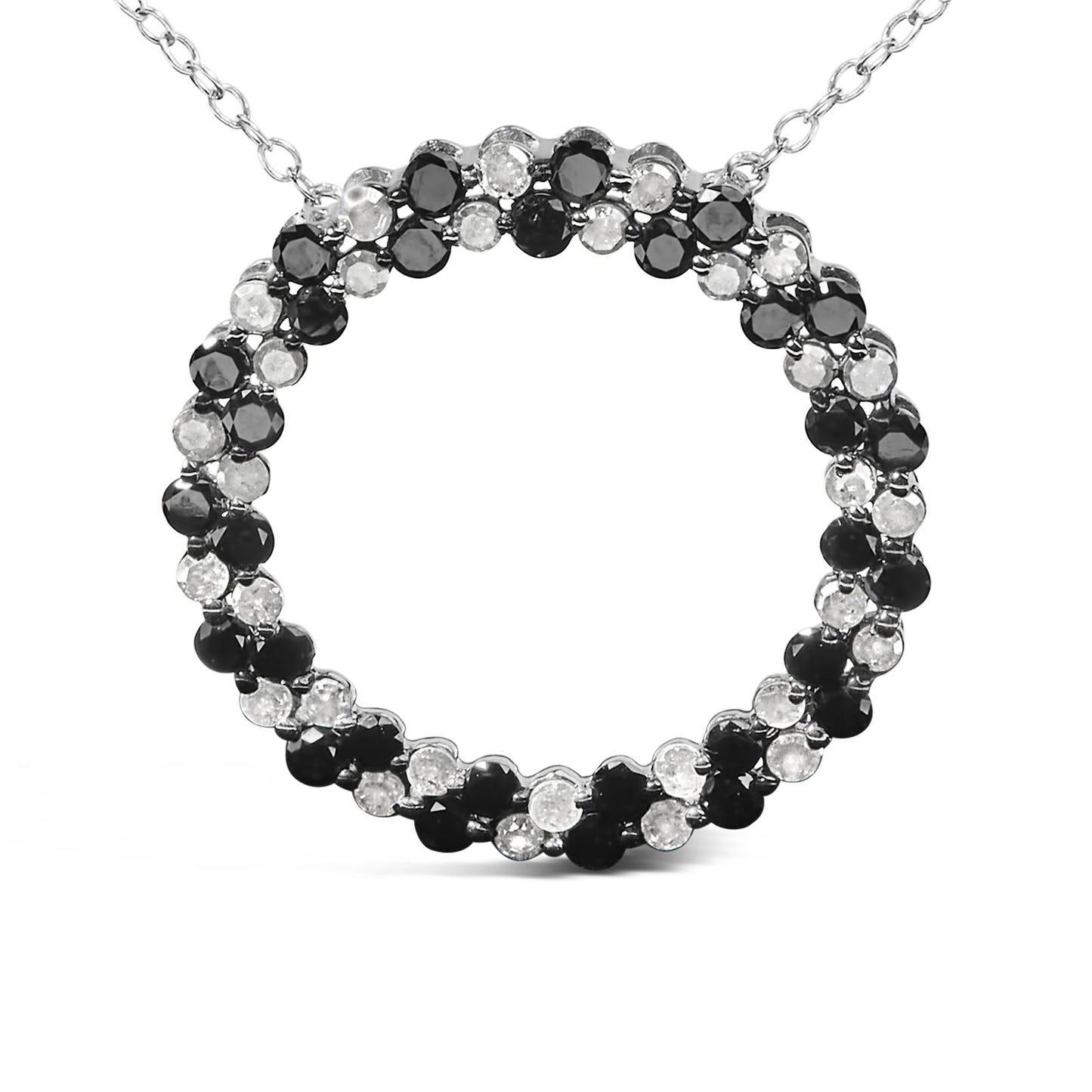 .925 Sterling Silver 1 3/5 Cttw Alternating Treated Black and White Diamond Double Row Open Circle Pendant Necklace (H-I Color, I3 Clarity) - 18"