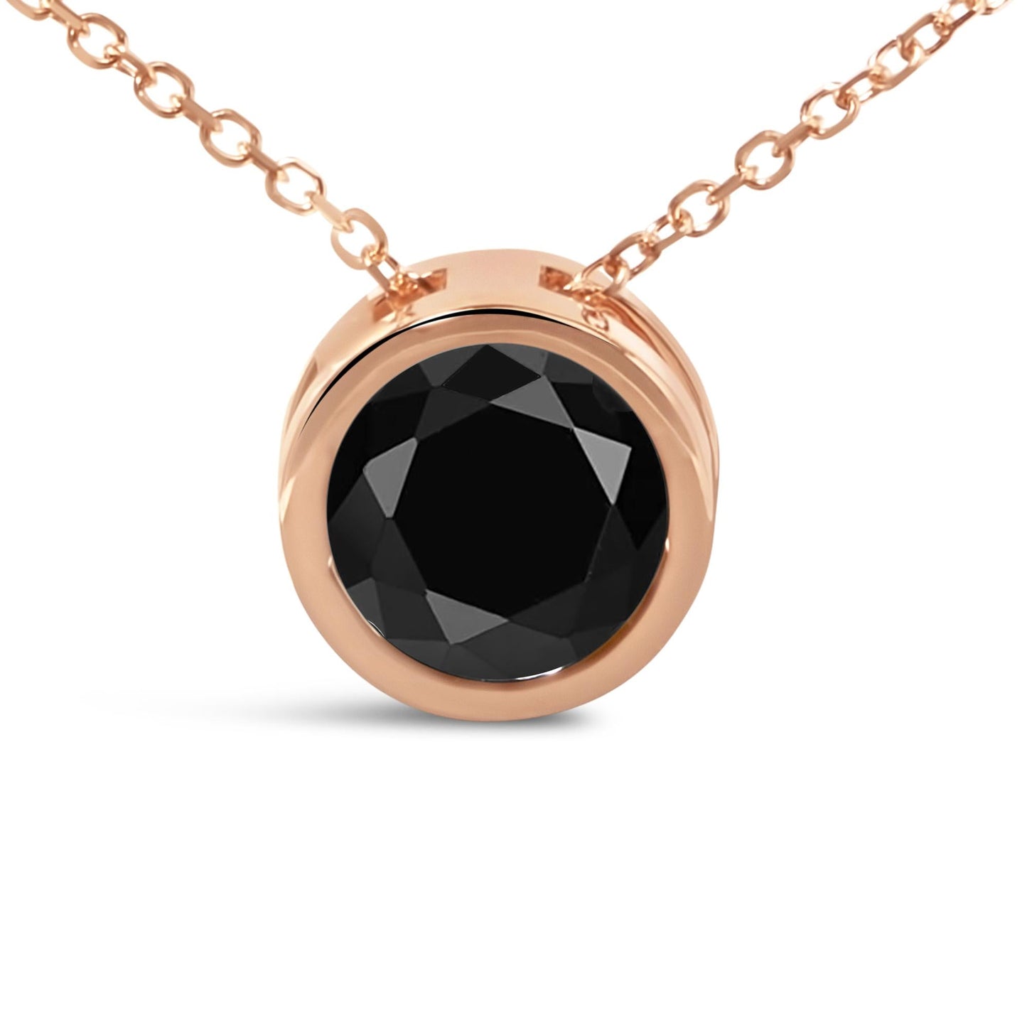 14K Rose Gold Bezel-Set Black Round Diamond Solitaire Pendant Necklace (Black Color, I2-I3 Clarity) - 18"