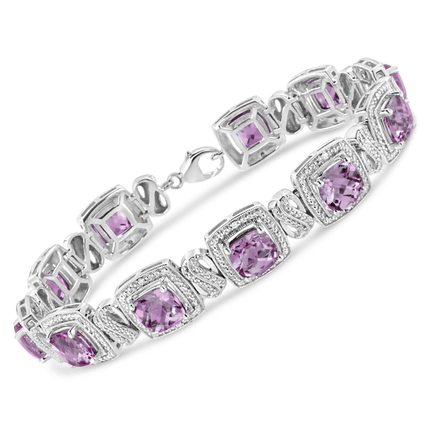 .925 Sterling Silver 7x7 mm Cushion Cut Purple Amethyst and 1/10 cttw Round Cut Diamond Square Shape Tennis Bracelet (I-J Color, I1-I2 Clarity) - 7"