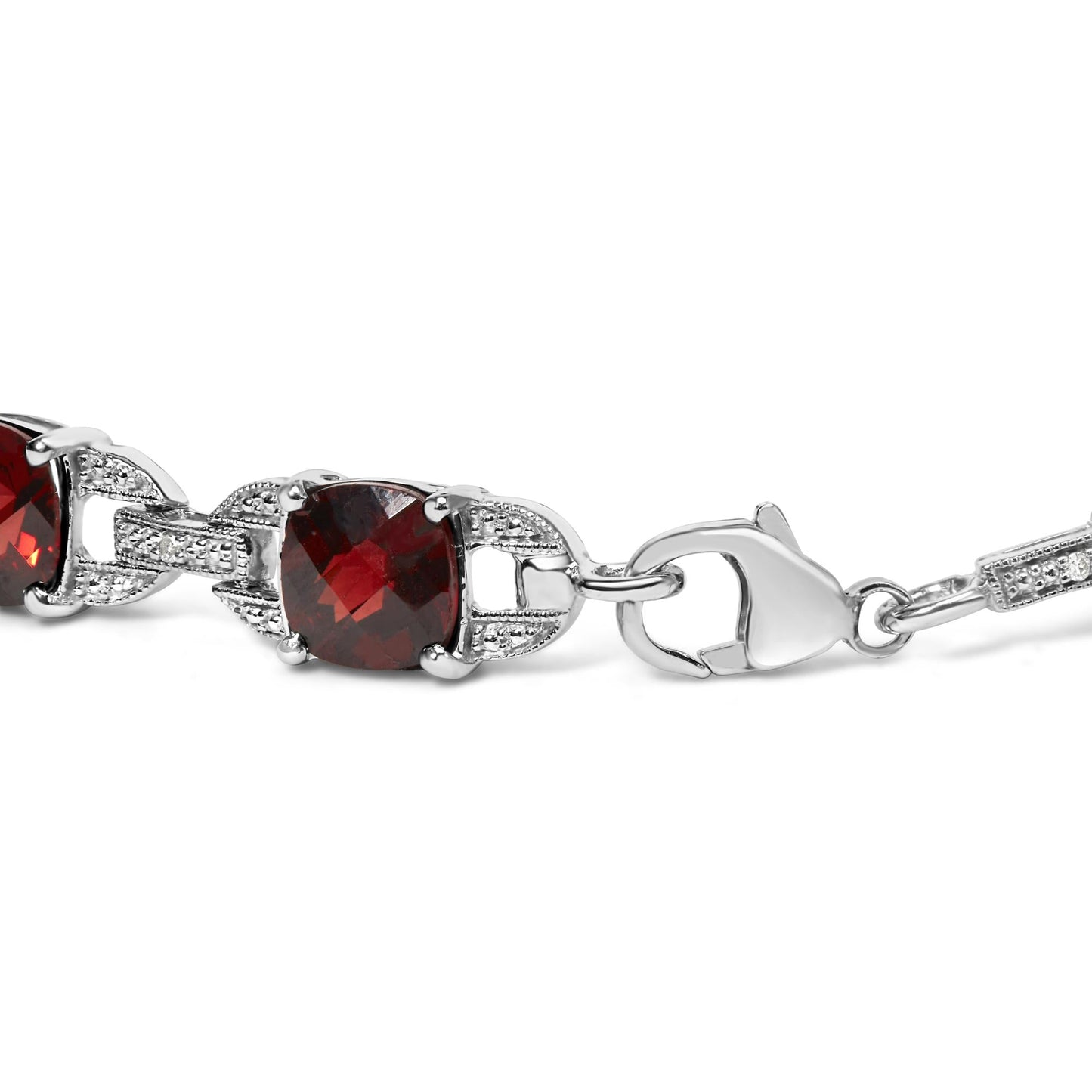 .925 Sterling Silver 7x7mm Checkered Cushion Red Garnet and Diamond Accent Fashion Tennis Link Bracelet (I-J Color, I1-I2 Clarity) - Size 7" Inch