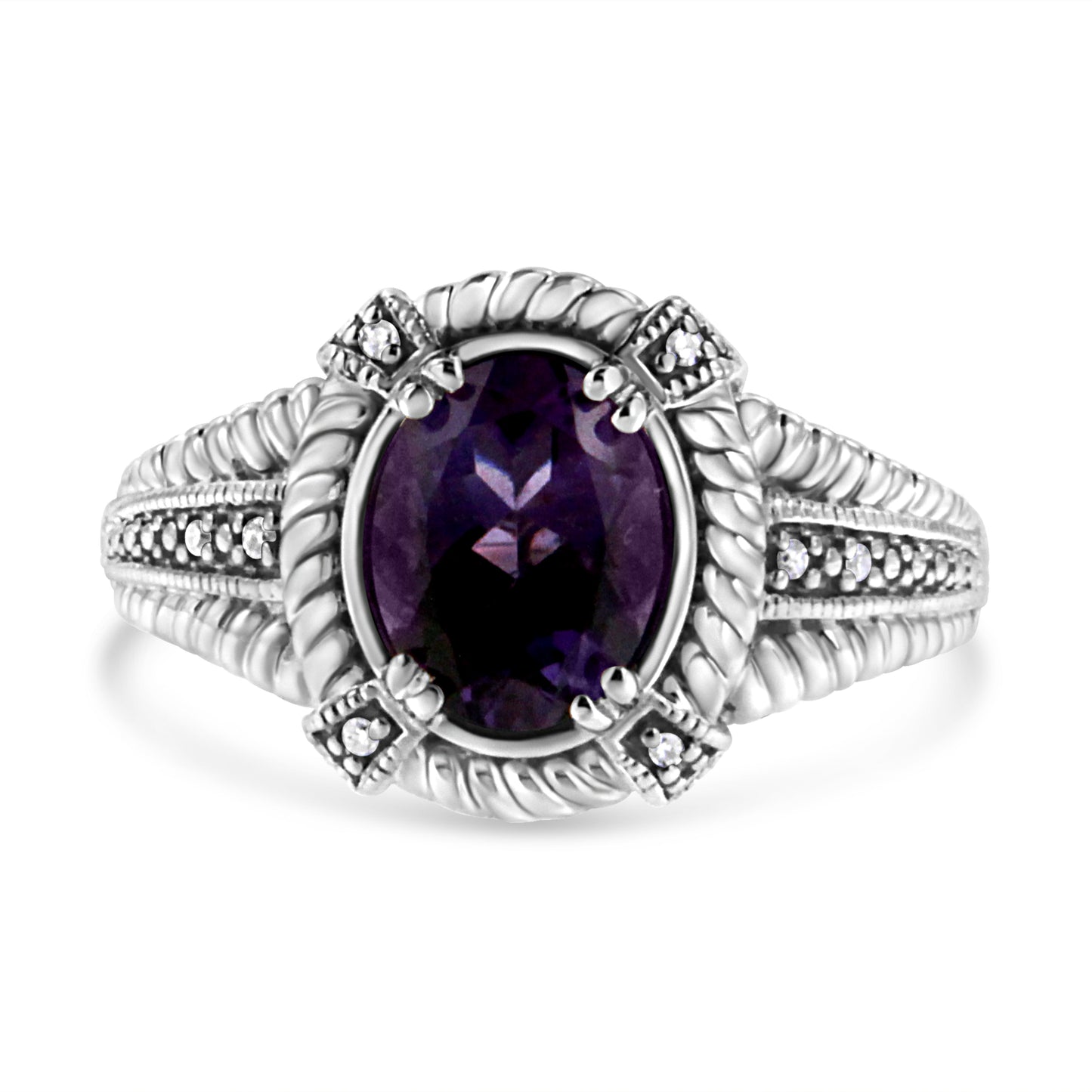 .925 Sterling Silver Prong Set Natural Oval Shape 9X7 MM Purple Amethyst Solitaire and Diamond Accent Ring (I-J Color, I1-I2 Clarity)