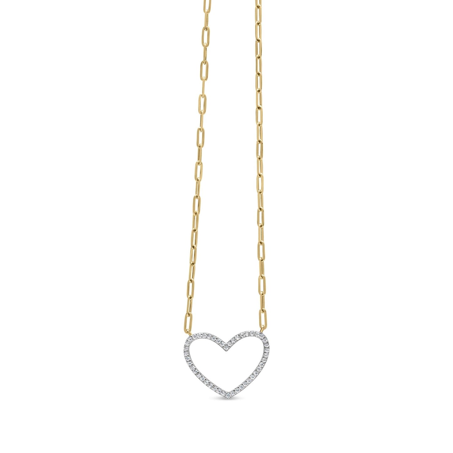 14K Yellow Gold Plated .925 Sterling Silver 1/4 Cttw Diamond Open Heart with Paperclip Chain Pendant Necklace (I-J Color, I2-I3 Clarity) - 18" Inches