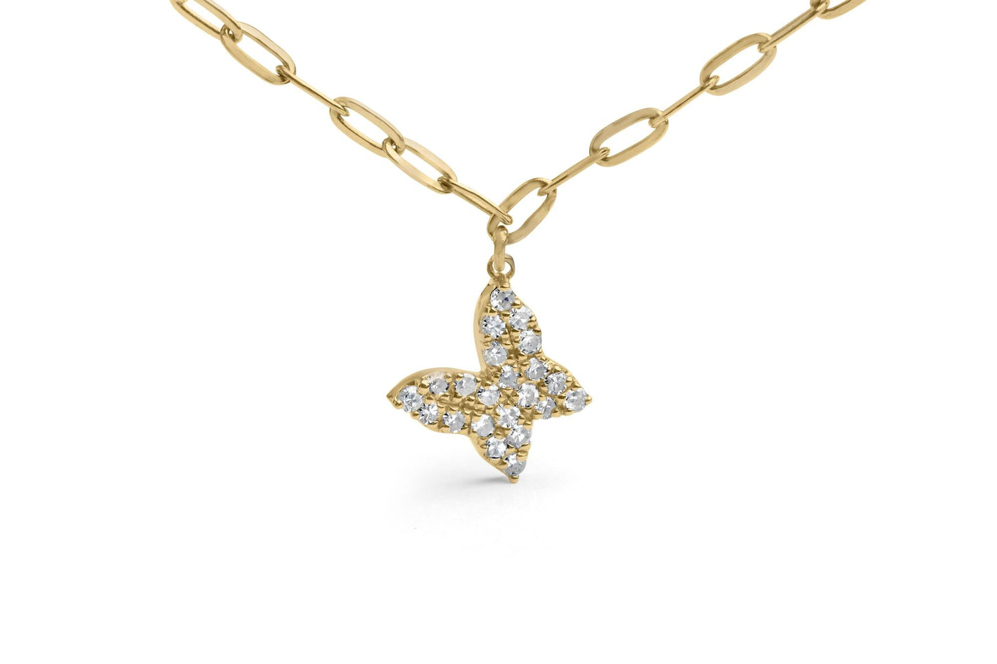 14KT Yellow Gold 1/2 Cttw Diamond Butterfly Station Paperclip Station Necklace (I-J Color, I1-I2 Clarity) - Adjustable 15"-17" Inches