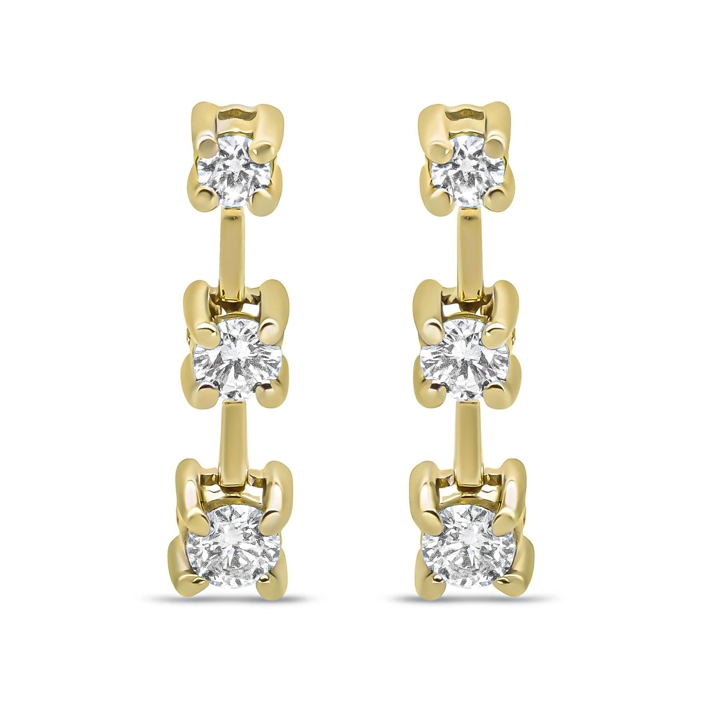 14K Gold Round Diamond 3 Stone Graduated Linear Drop Past, Present and Future Stud Earrings (H-I Color, SI1-SI2 Clarity)