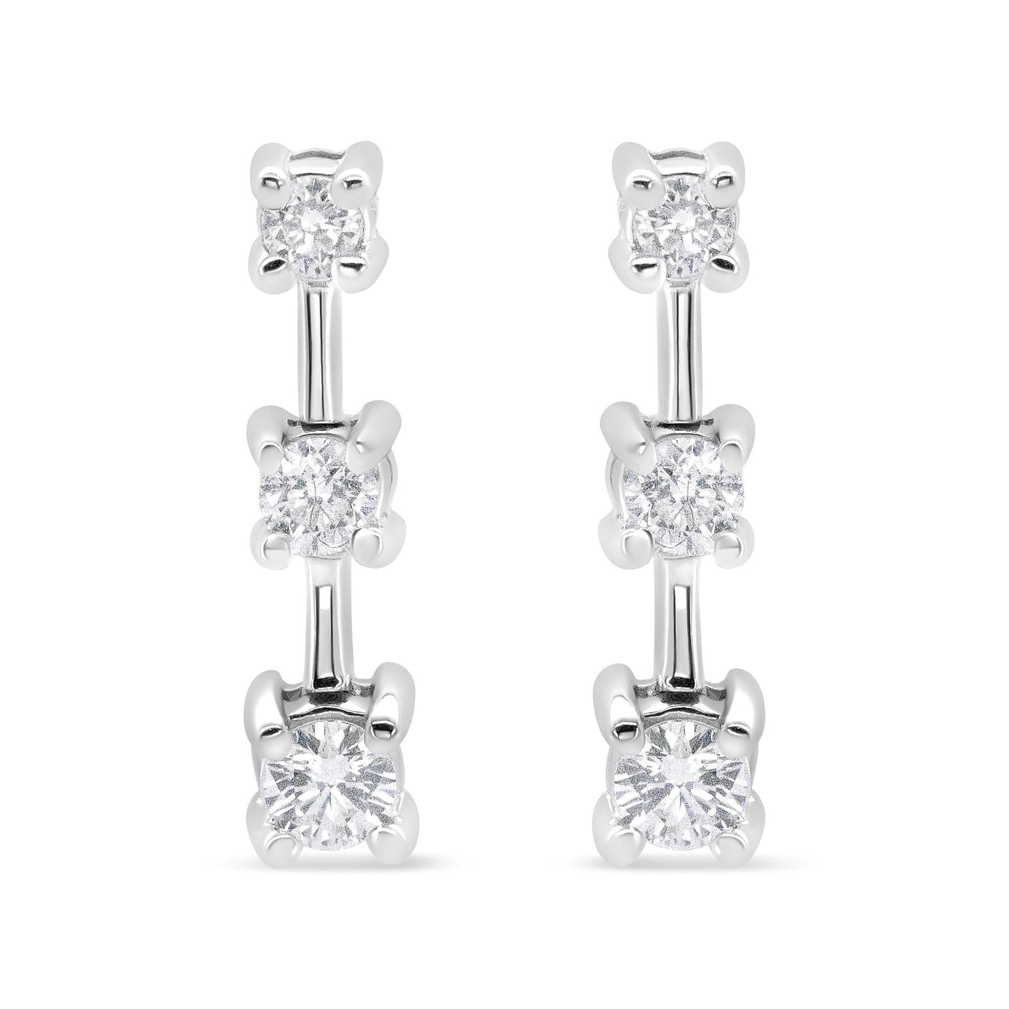 14K Gold Round Diamond 3 Stone Graduated Linear Drop Past, Present and Future Stud Earrings (H-I Color, SI1-SI2 Clarity)