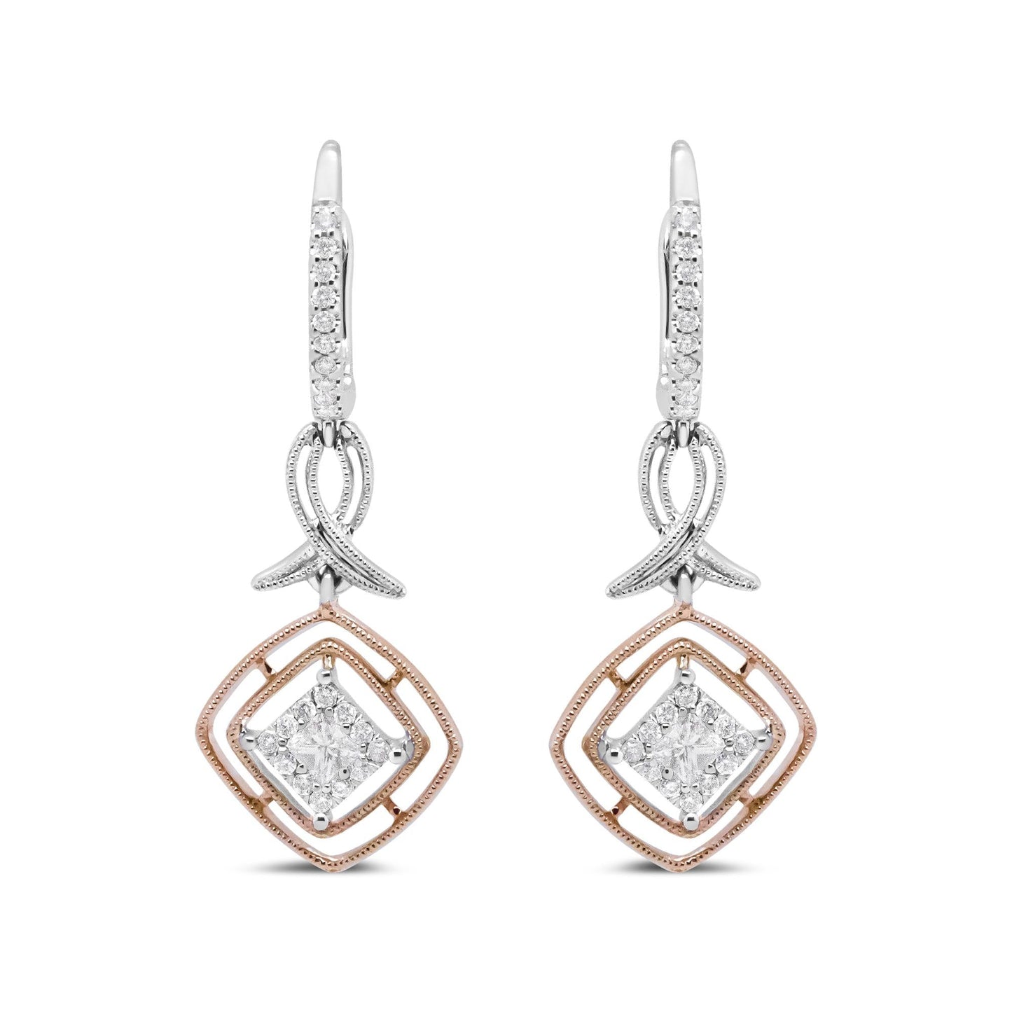 14K White and Rose Gold 1/2 Cttw Round and Princess-Cut Diamond Openwork Marquise Ribbon Dangle Earring (G-H Color, SI2-I1 Clarity)