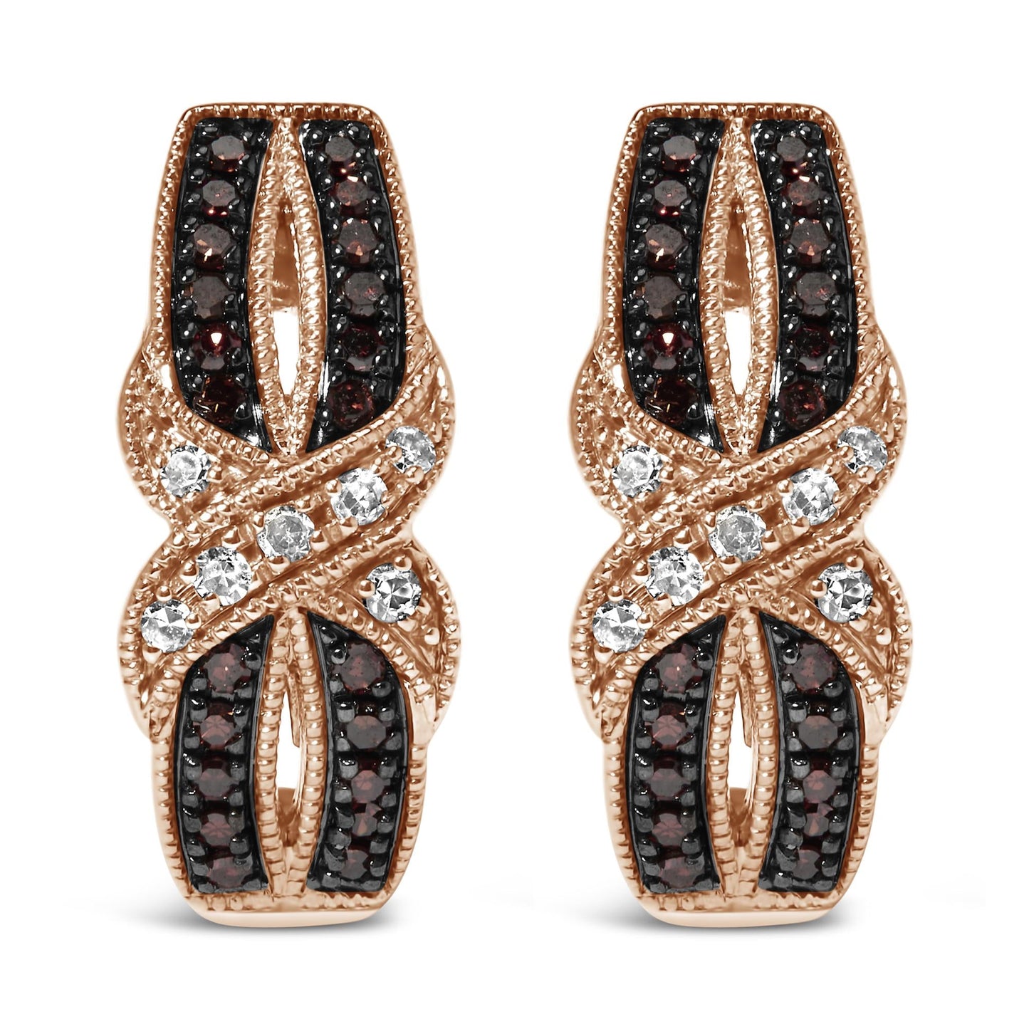 10K Rose Gold 1/3 Cttw White and Brown Diamond Milgrain Criss Cross J-Hoop Earrings (I-J Color, I1-I2 Clarity)