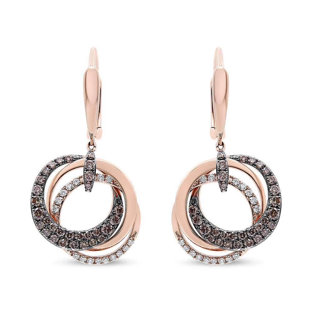 14K Rose Gold 1.00 Cttw White and Brown Diamond Intertwining Hoops and Circle Dangle Earrings (H-I/Brown Color, SI1-SI2 Clarity)