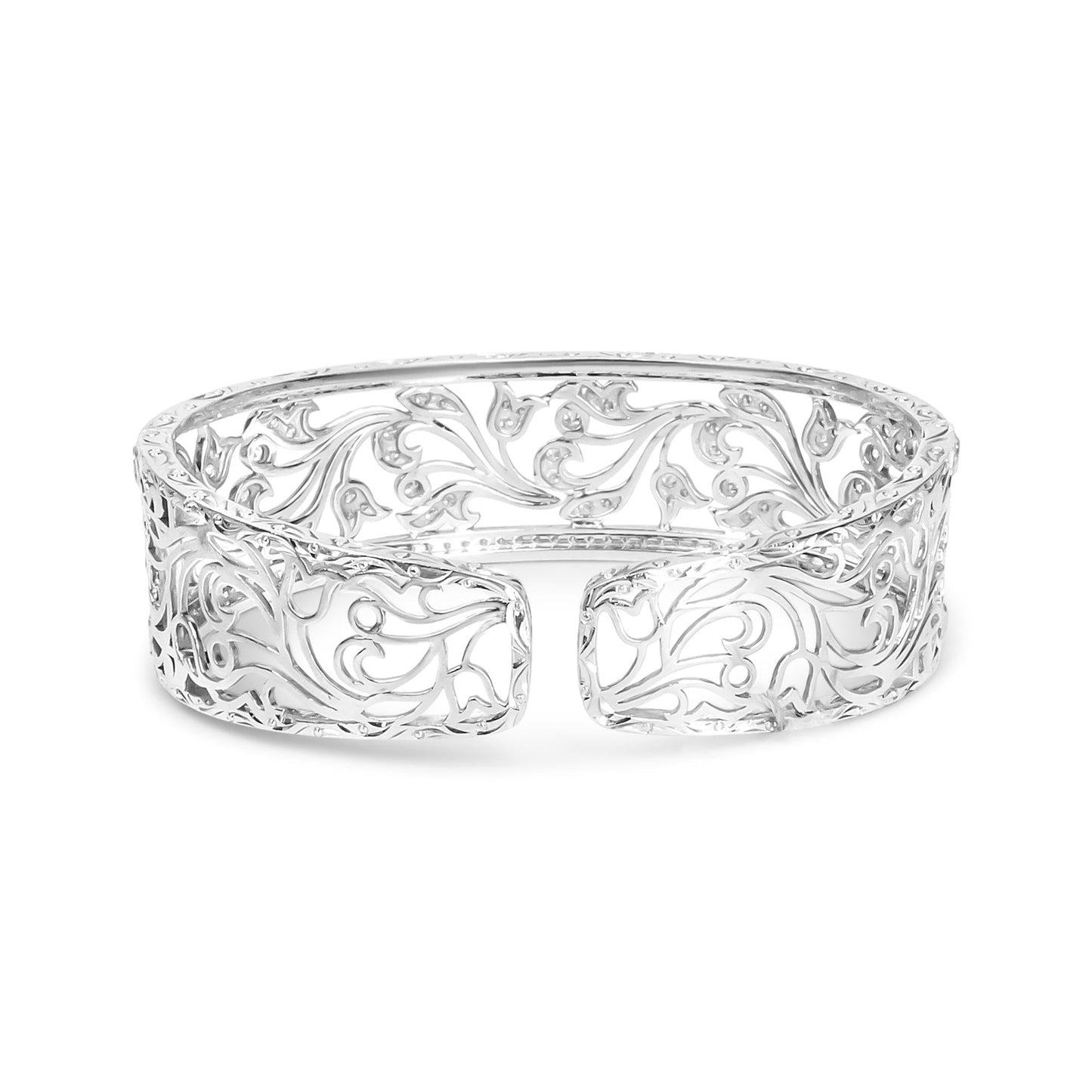 18K White Gold 3 1/4 Cttw Pave Diamond Openwork Floral Filigree Swirl Bangle Cuff Bracelet (H-I Color, VS2-SI1 Clarity)