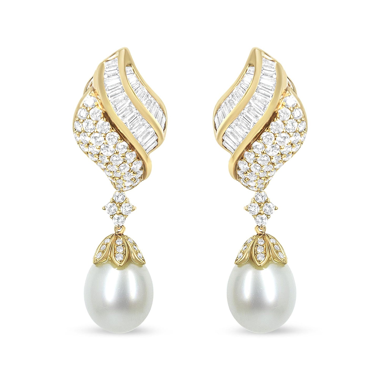 18k Yellow Gold 7.0 Cttw Baguette and Round Diamond South Sea Pearl Drop Dangle Clip-On Earrings (F-G Color, VS1-VS2 Clarity)