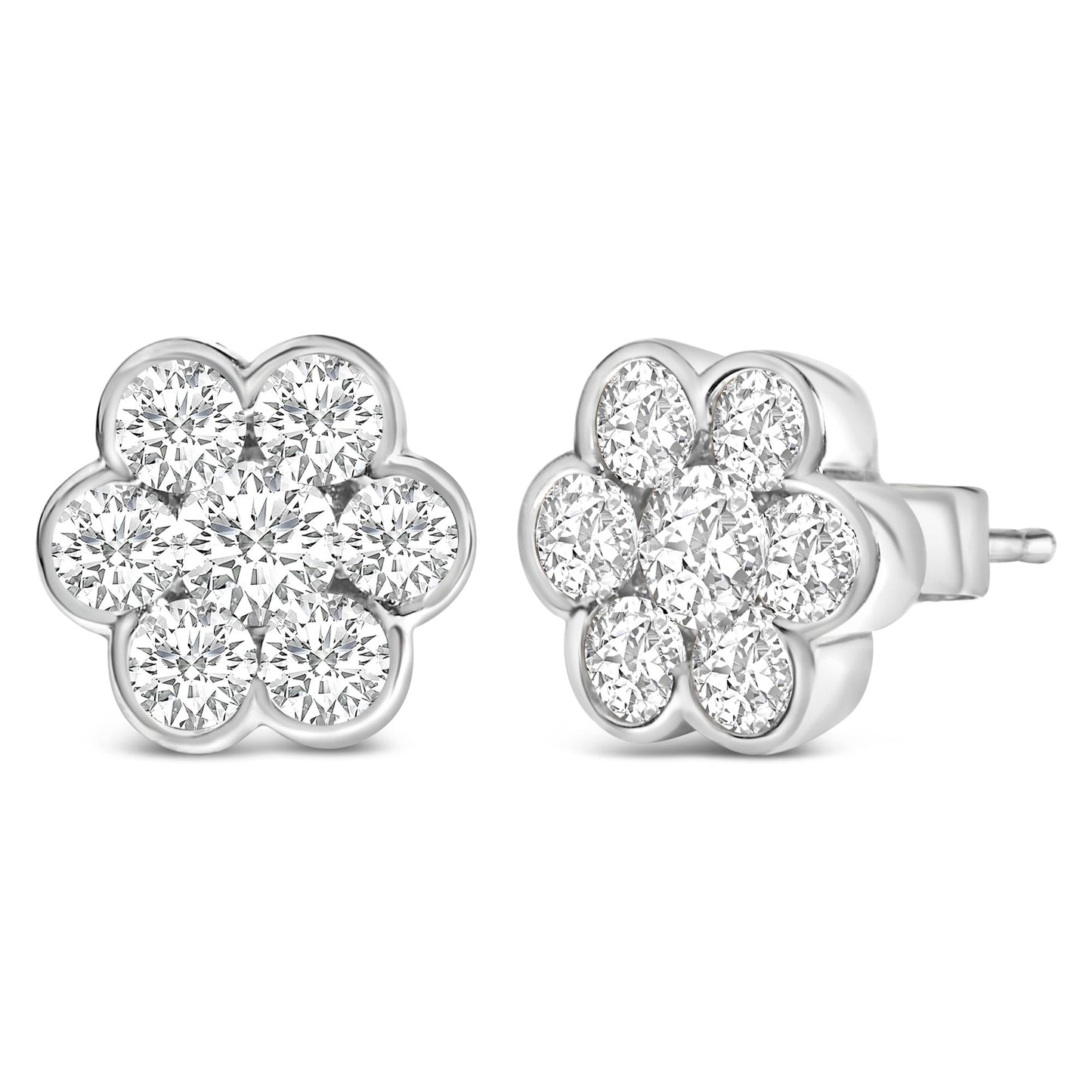 14K White Gold 1 1/3 Cttw Diamond Bezel Style 7 Stone Floral Cluster Stud Earrings (H-I Color, VS2-SI1 Clarity)