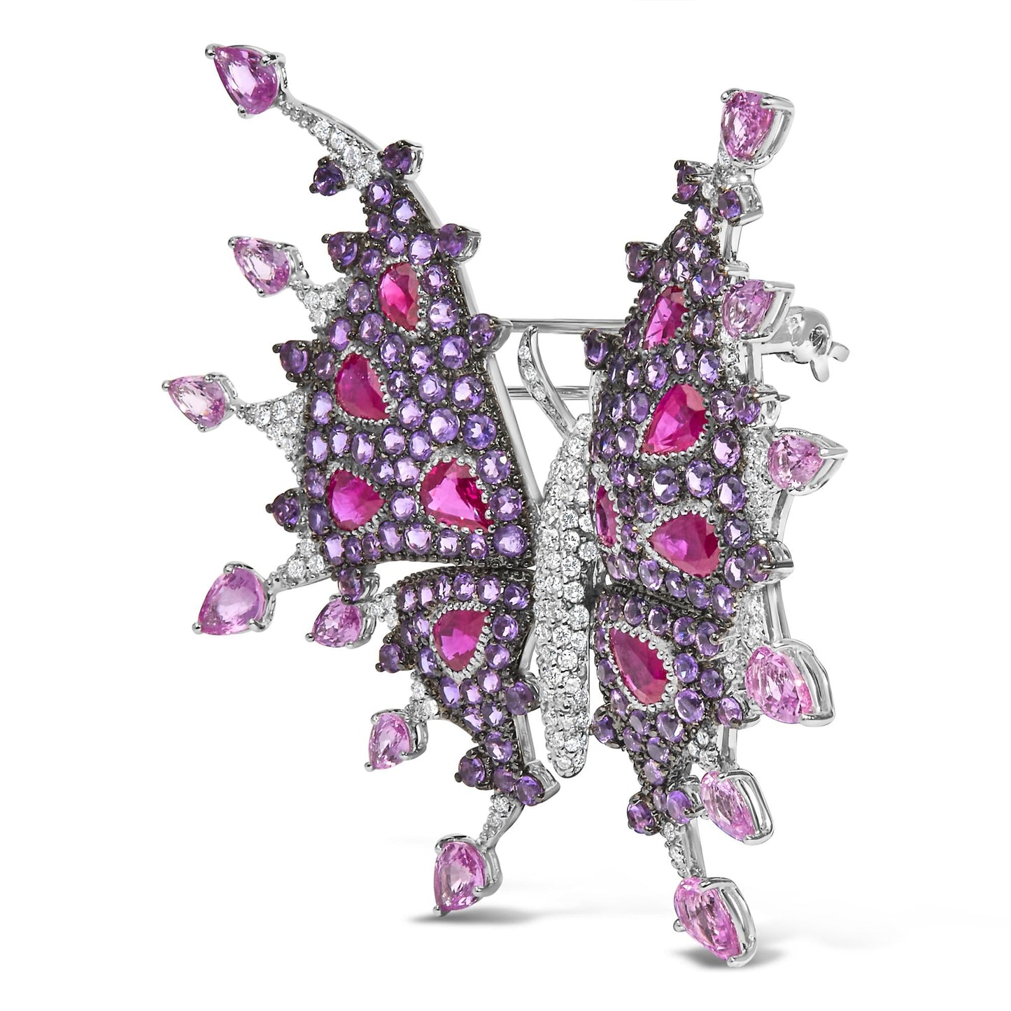 18K White Gold 1.00 Cttw Diamond, Ruby  Sapphire, and Amethyst Mixed Gemstone Butterfly Brooch Pin (G-H Color, VS1-VS2 Clarity)