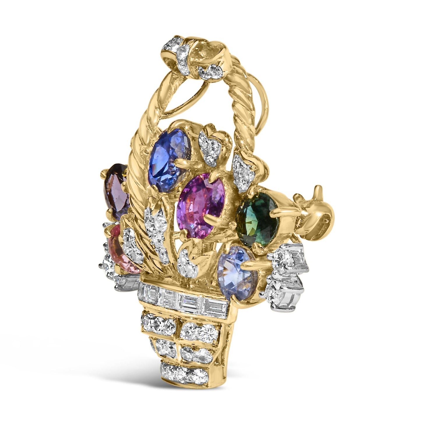 18K Yellow Gold 1 1/10 Cttw Diamond and Mixed Gemstone Floral Bouquet Pendant and Brooch Pin (G-H Color, VS1-VS2 Clarity)