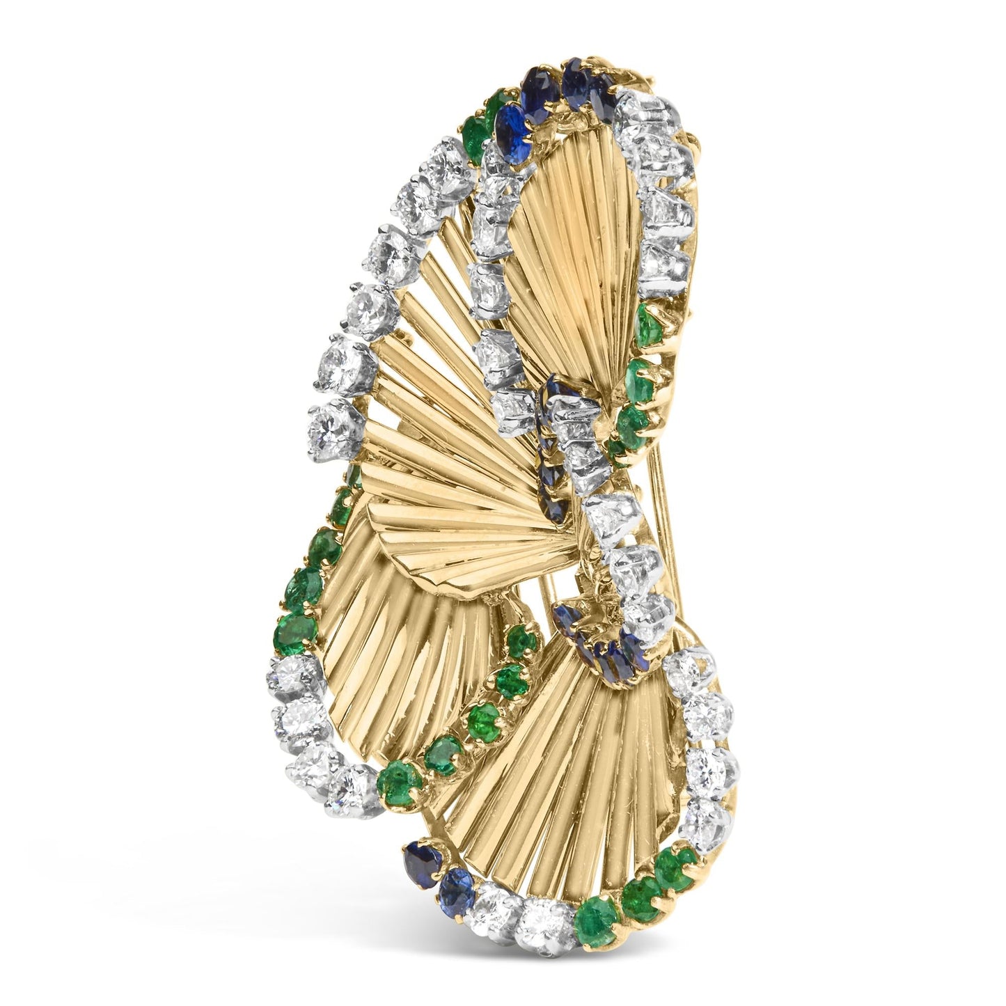 18K Yellow Gold 2 1/3 Cttw Diamond, Sapphire, and Emerald Sculpted Petal Brooch Pin (G-H Color, VS1-VS2 Clarity)