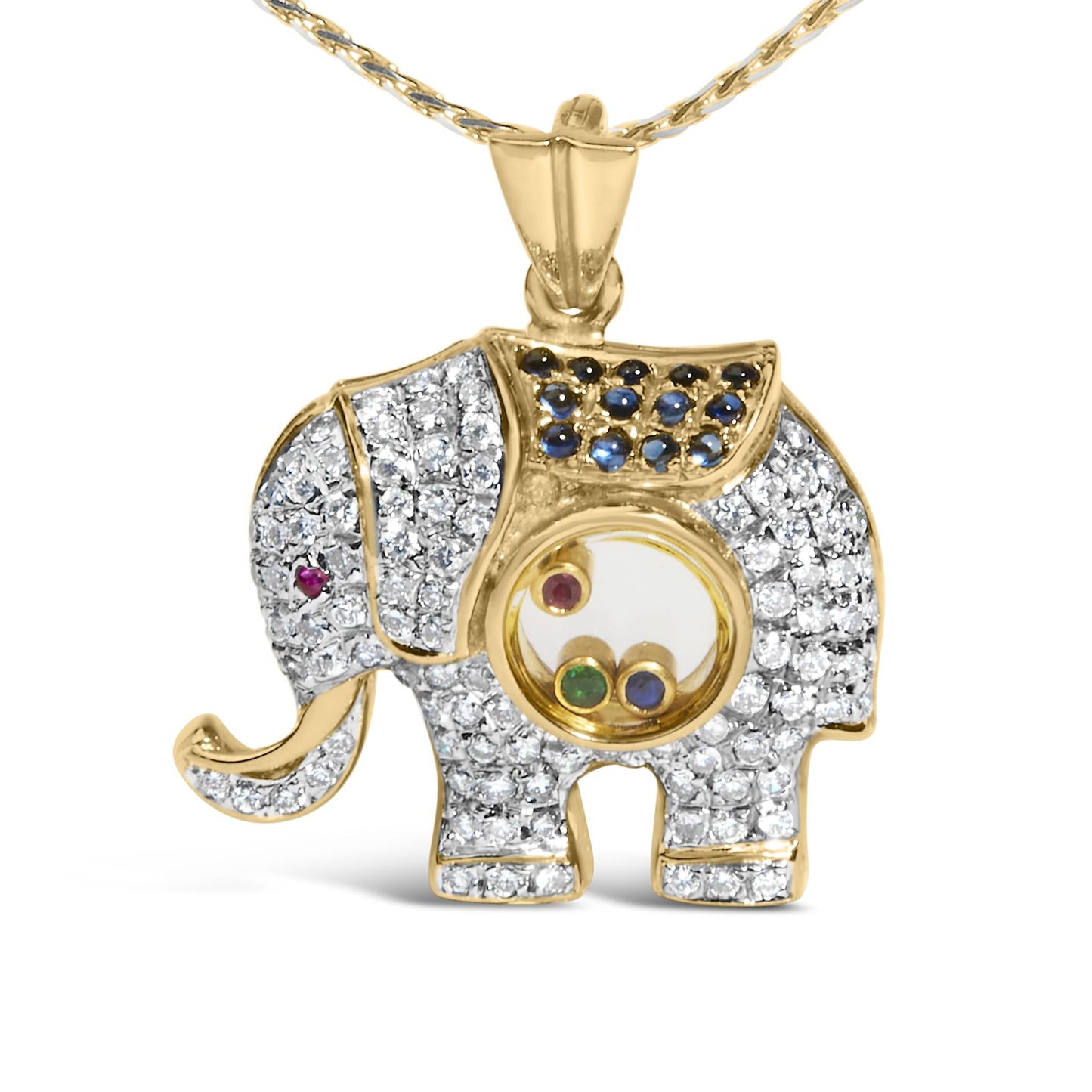 18K Yellow Gold 3/4 Cttw Diamond Elephant Shaker Pendant Necklace with Emerald, Ruby, and Sapphire (G-H Color, VS2-SI1 Clarity)