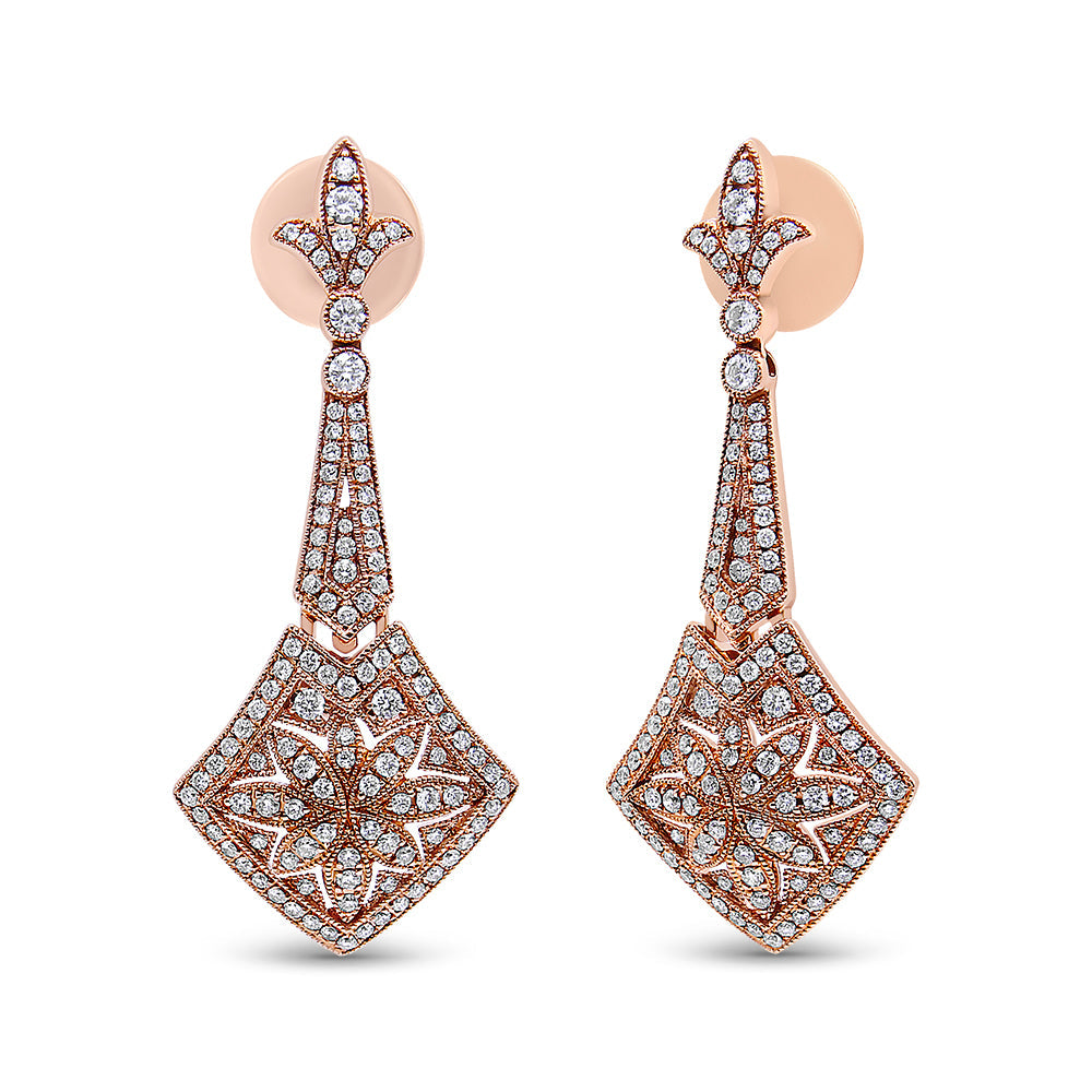 18K Rose Gold 1 1/3 Cttw Diamond Studded Fleur De Lis Trellis Style Drop and Dangle Earring (F-G Color, VS1-VS2 Clarity)