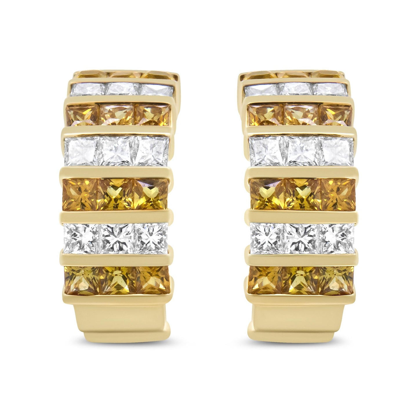 18K Yellow Gold 1 3/4 Cttw Invisible Set Princess Cut Diamond and 2.5mm Yellow Sapphire Huggie Hoop Earrings (F-G Color, VS1-VS2 Clarity)