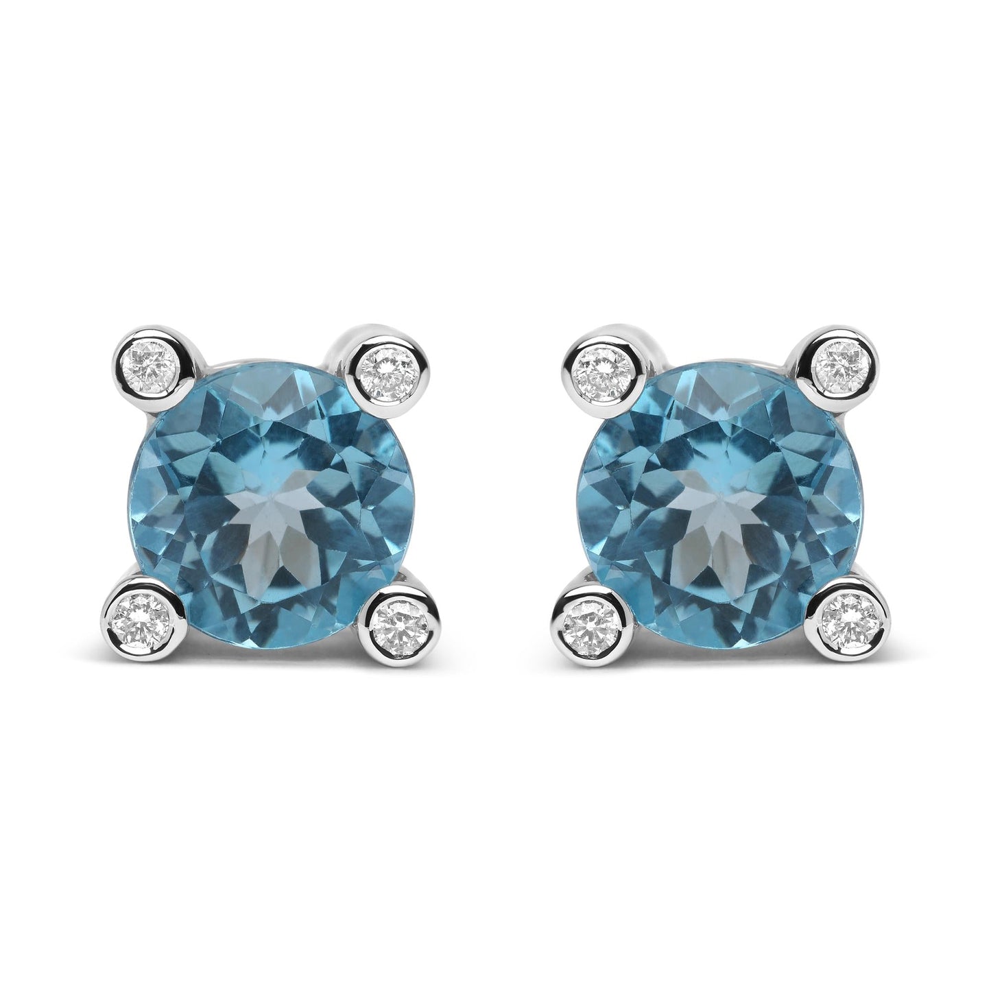 18K White Gold 1/10 Cttw Round Bezel Diamond and 10x10mm Round Sky Blue Topaz Gemstone Stud Earrings (G-H Color, I1-I2 Clarity)