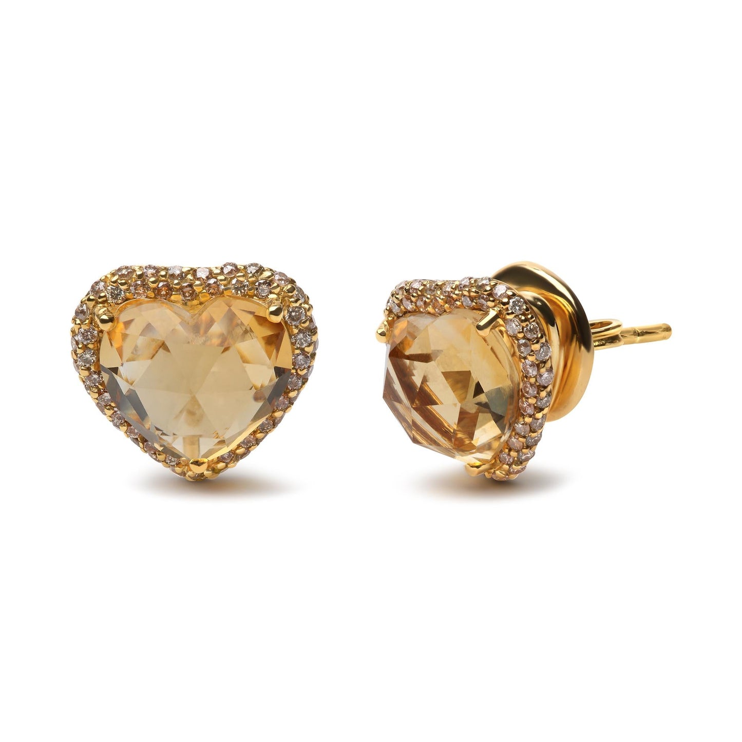 18K Yellow Gold 2/3 Cttw Brown Diamonds and 11x11mm Heart-Cut Yellow Citrine Gemstone Halo Heart Stud Earrings (Brown Color, SI1-SI2 Clarity)