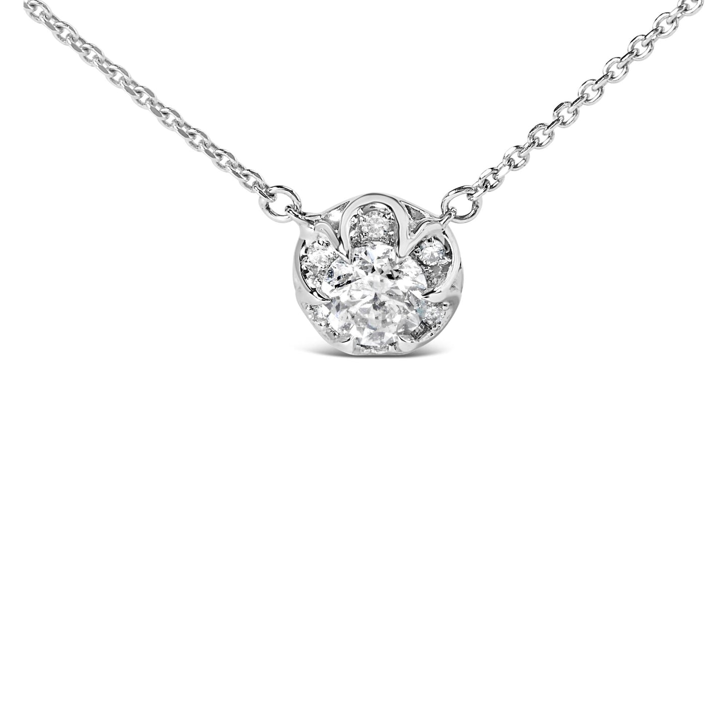 14k White Gold 5/8 Cttw Solitaire and Swirl Halo 18" Pendant Necklace (H-I Color, I1-I2 Clarity)