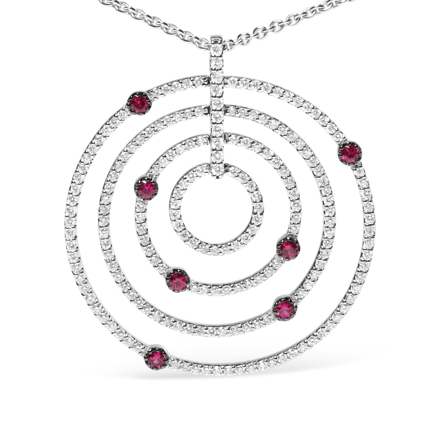 18K White Gold 2 1/6 Cttw Pave Set Diamonds and Red Ruby Openwork Circles 18" Pendant Necklace  (G-H Color, SI2-I1 Clarity) - Adjustable up to 16" - 18"