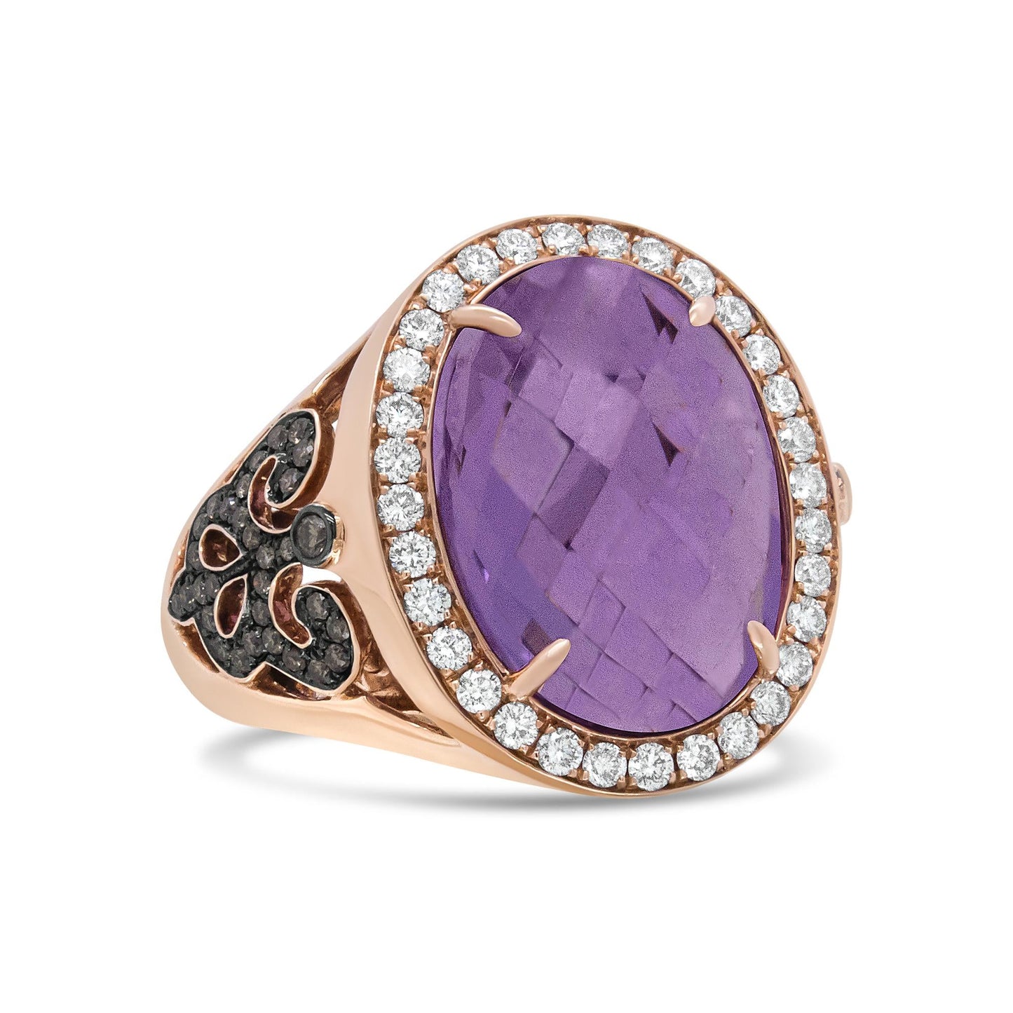 18K Rose Gold 18x13 MM Oval Cut Purplse Amethyst and 1.00 Cttw Diamond Cocktail Ring (Champagne and F-G Color, VS1-VS2 Clarity)