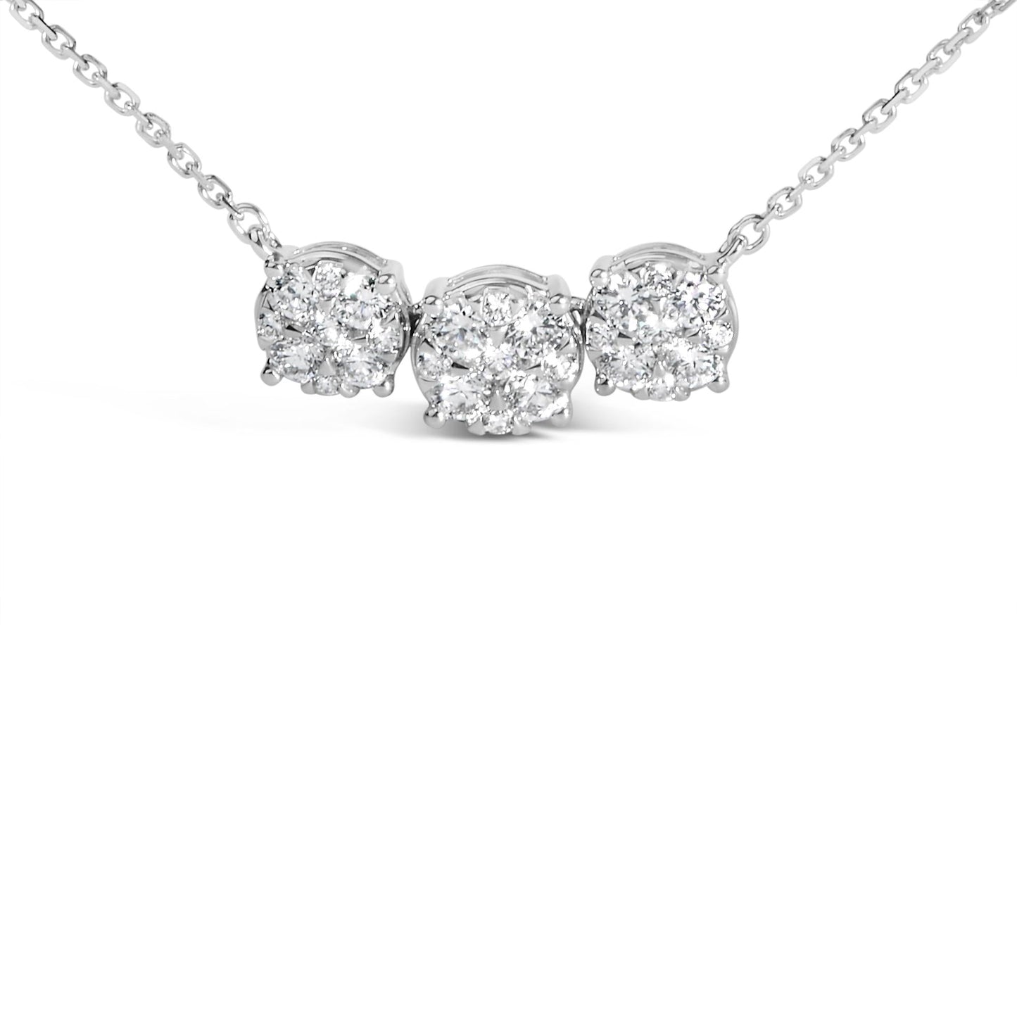 14K White Gold 1.0 Cttw Diamond 3 Station Cluster Necklace (G-H Color, VS2-SI1 Clarity) - 18" Inches