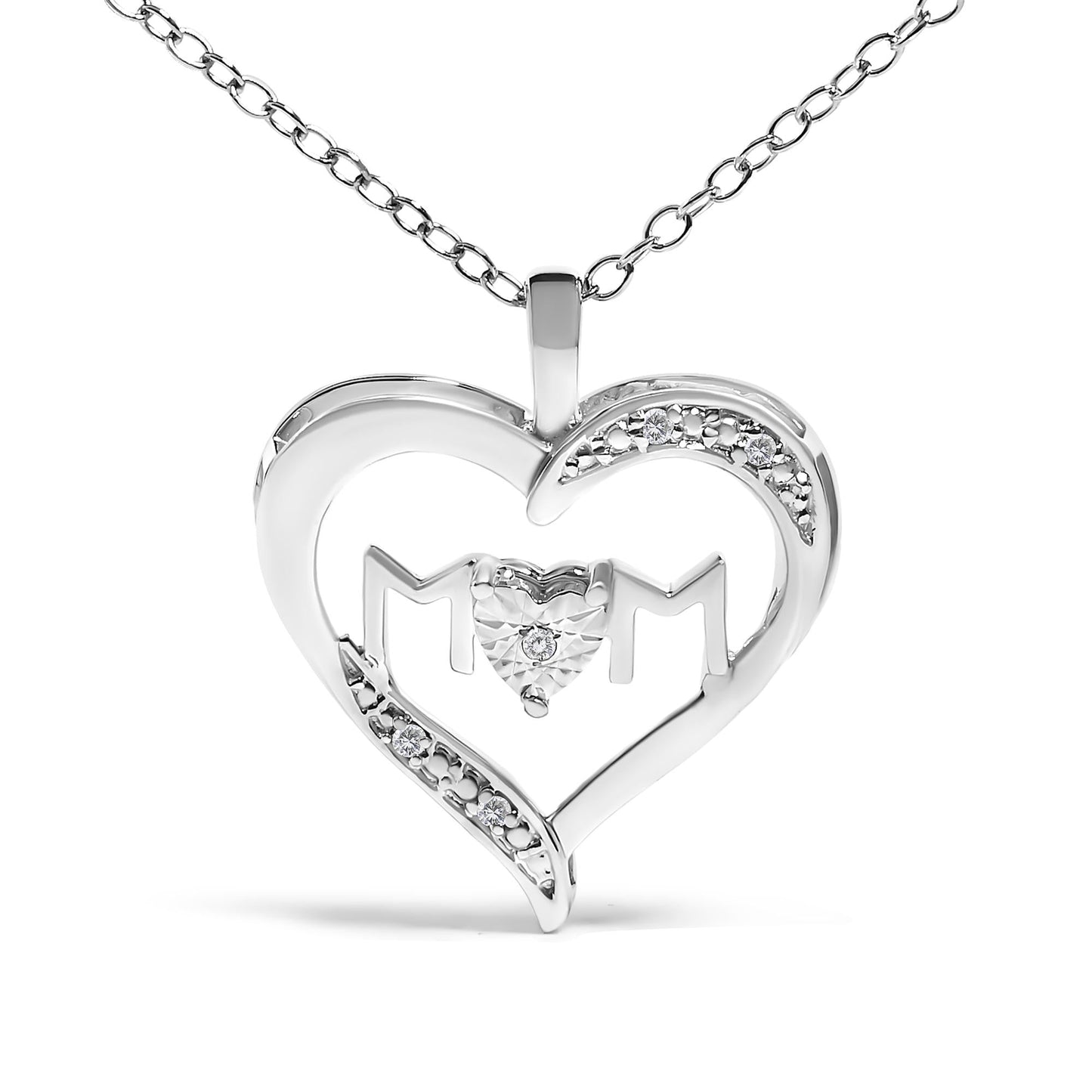 .925 Sterling Silver Diamond Accent MOM with Heart Pendant Necklace (J-K Color, I2-I3 Clarity) - 18" Inches