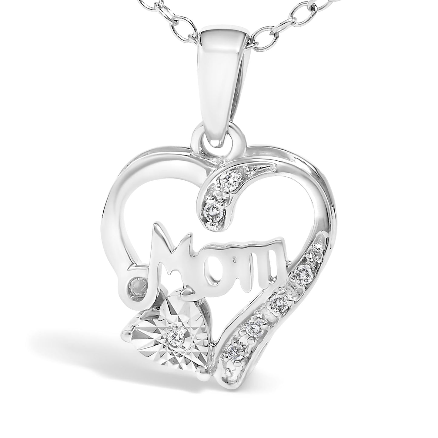 .925 Sterling Silver Diamond Accent Mom with Heart Pendant Necklace (J-K Color, I2-I3 Clarity) - 18" Inches