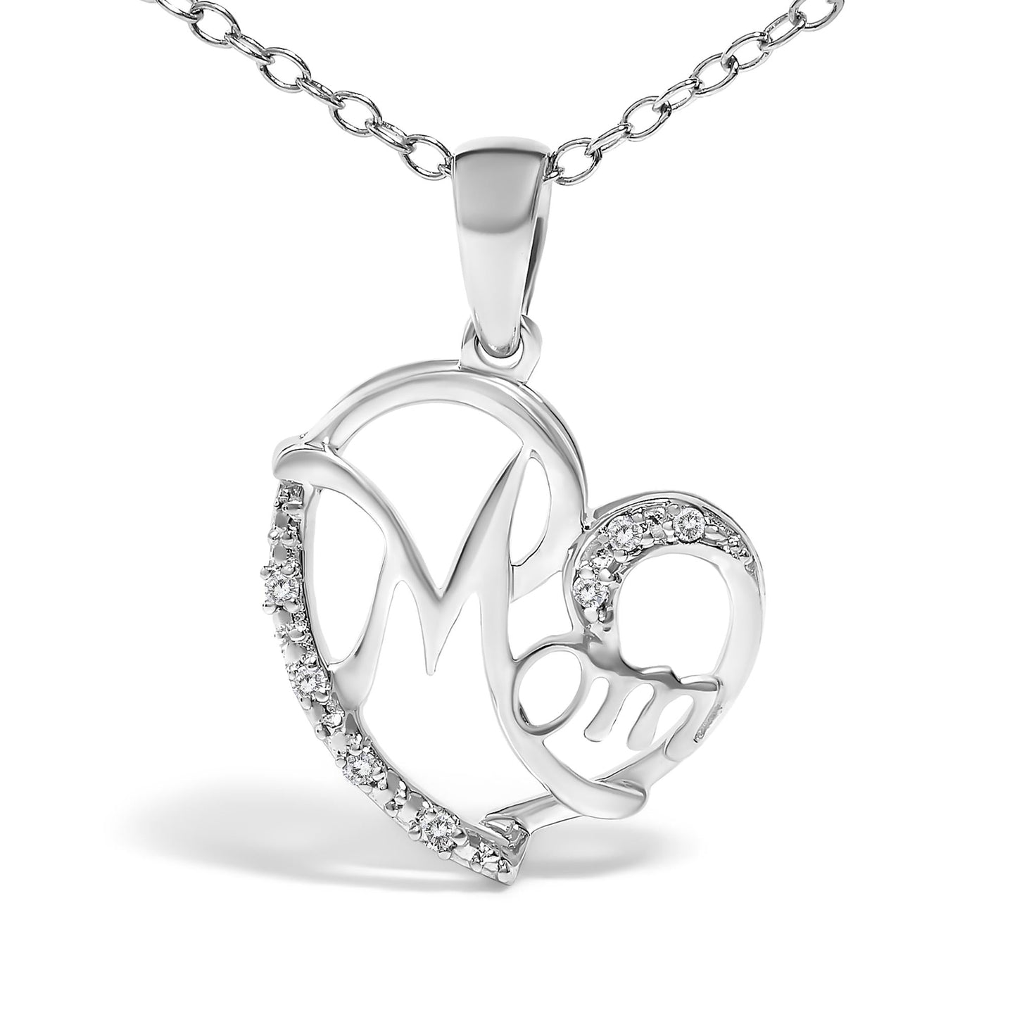 .925 Sterling Silver Cursive Mom Heart Diamond Accent Pendant Necklace (J-K Color, I2-I3 Clarity) - 18" Inches