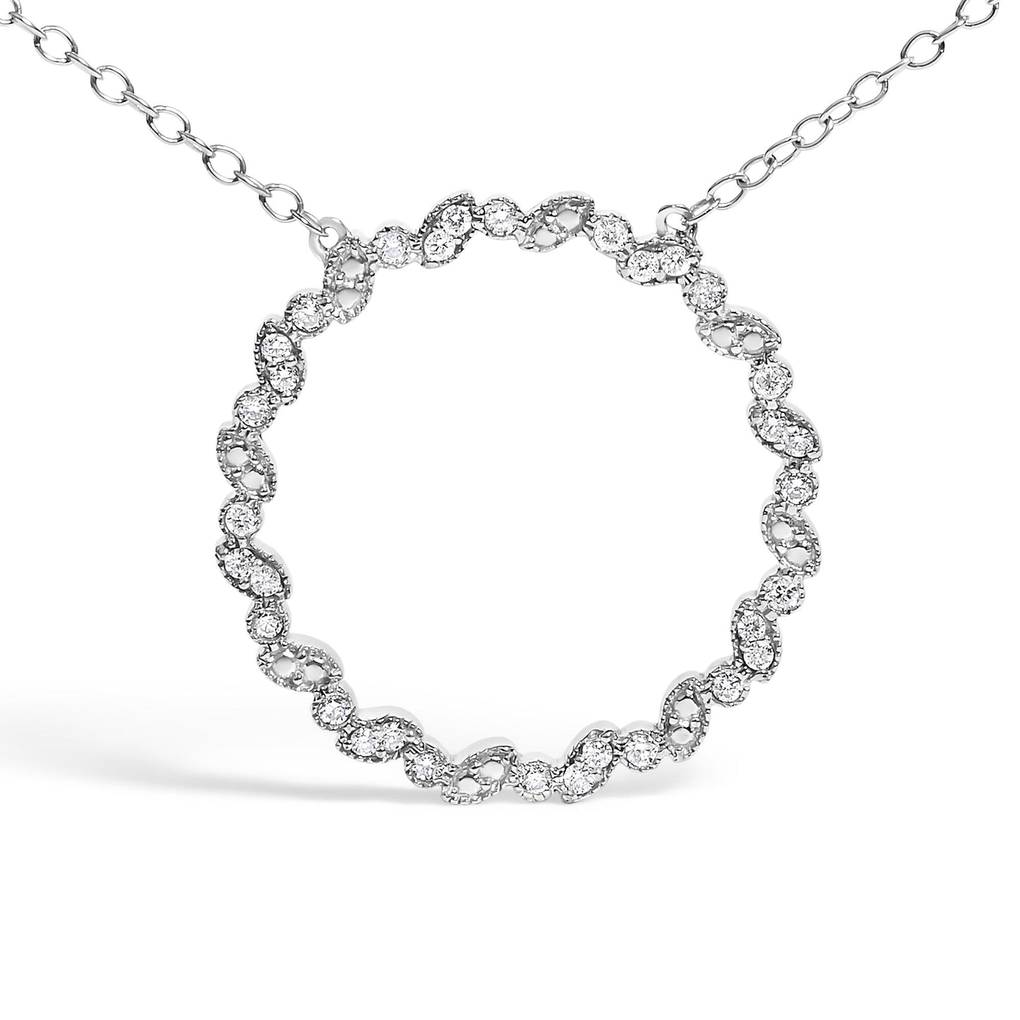 .925 Sterling Silver 1/7 Cttw Lab Grown Diamond Beaded Love Circle Pendant Necklace - Size 18 Inches