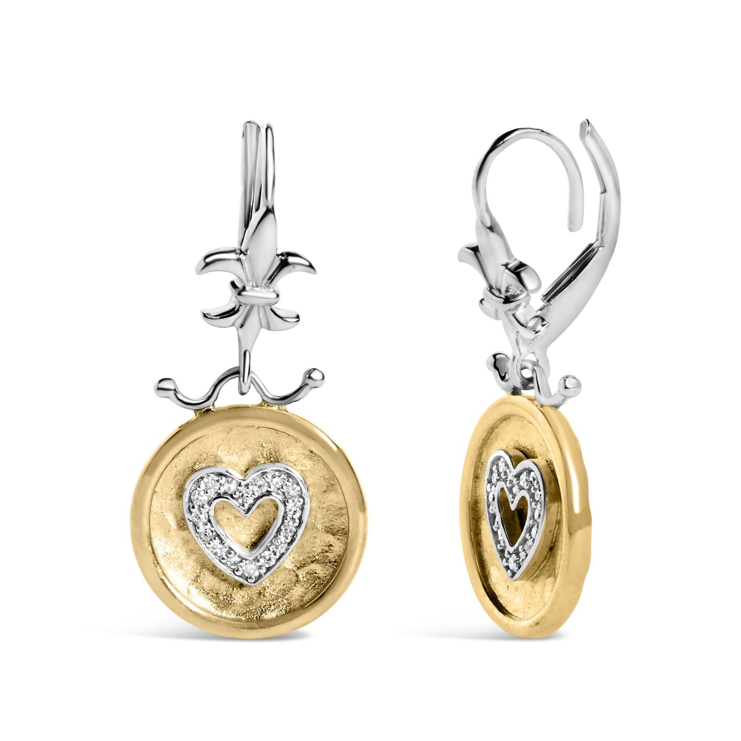 18K Yellow Gold Plated .925 Sterling Silver 1/8 Cttw Diamond Hammered Finished Medallion Heart Drop and Dangle Earrings (I-J Color, SI1-SI2 Clarity)