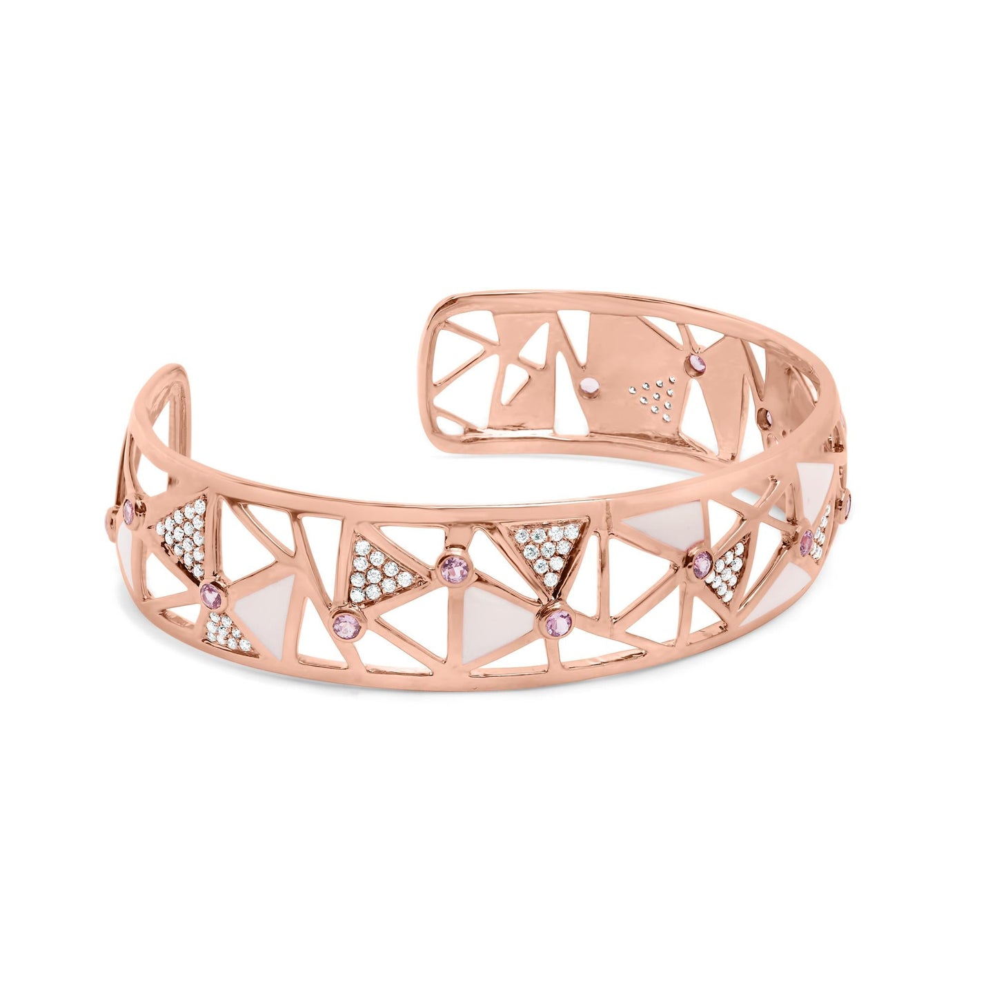 14K Rose Gold 5/8 Cttw Diamond with Pink Tourmaline Open Cuff Bangle with White Enamel (G-H Color, SI1-SI2 Clarity) - 7"