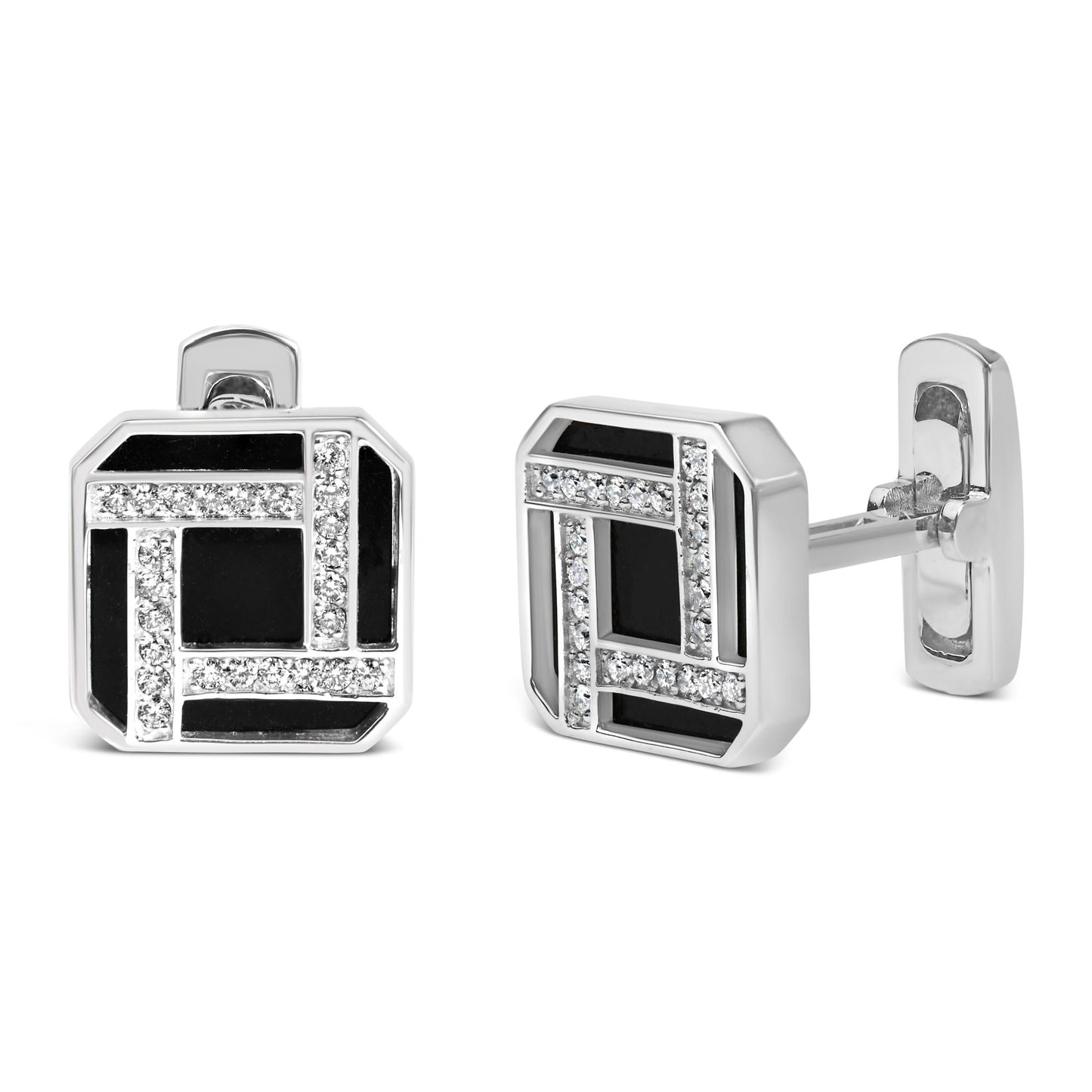 18K White Gold 1/2 Cttw Diamond and Black Enamel Cufflinks for Men (F-G Color, VS1-VS2 Clarity)