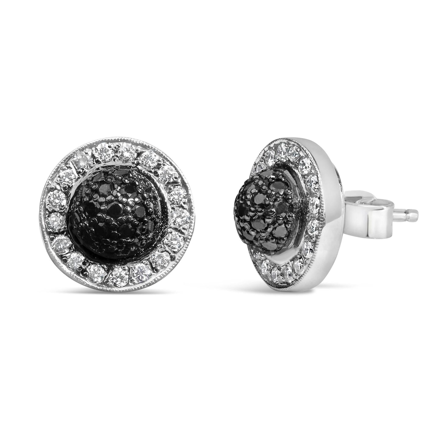 18K White Gold 3/4 Cttw Black and White Diamond Pave Set Dome and Halo Stud Earrings (F-G Color, VS1-VS2 Clarity)