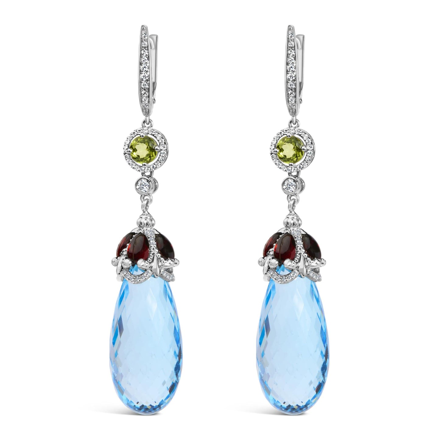 18K White Gold 1/2 Cttw Diamond and 22mm Blue Topaz and Garnet Drop and Dangle Earrings (F-G Color, VS1-VS2 Clarity)