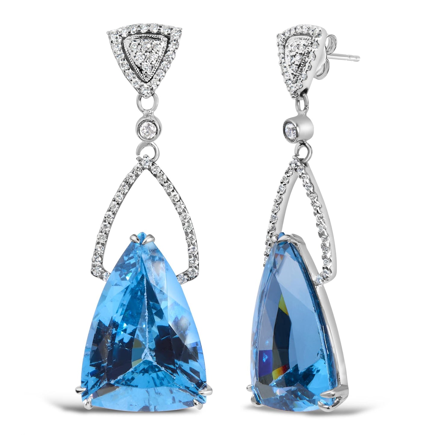 14K White Gold Earrings 4/5 Cttw Diamond and 18x11 MM Trillion Cut Blue Topaz Drop and Dangle Earrings (F-G Color, VS2-SI1 Clarity)