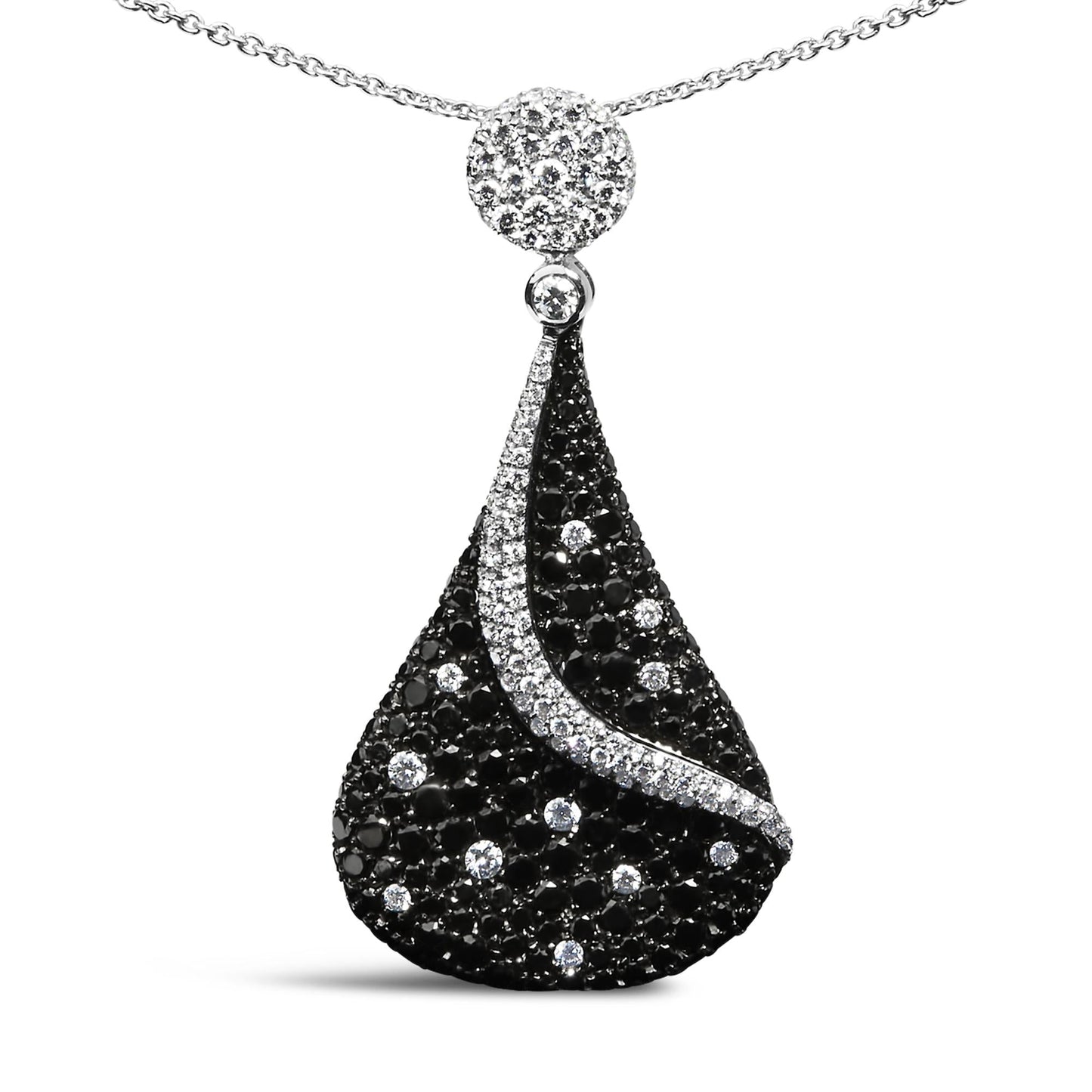 18K White Gold 6 1/3 Cttw Pave Set Black and White Diamond Teardrop Pendant Necklace (F-G Color, VS1-VS2 Clarity)