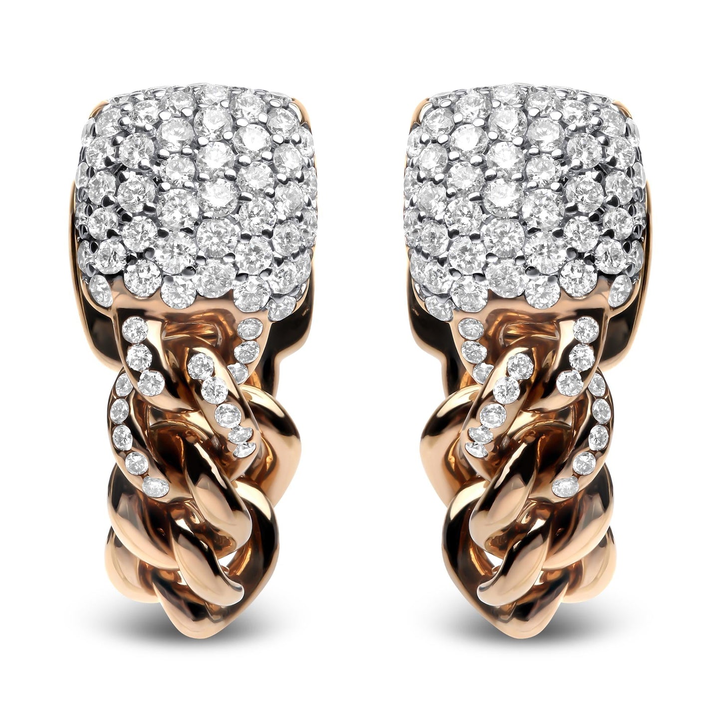 18K Rose Gold 3/4 Cttw Round Diamond Pave Cuban Chain Huggie Earrings (G-H Color, SI1-SI2 Clarity)