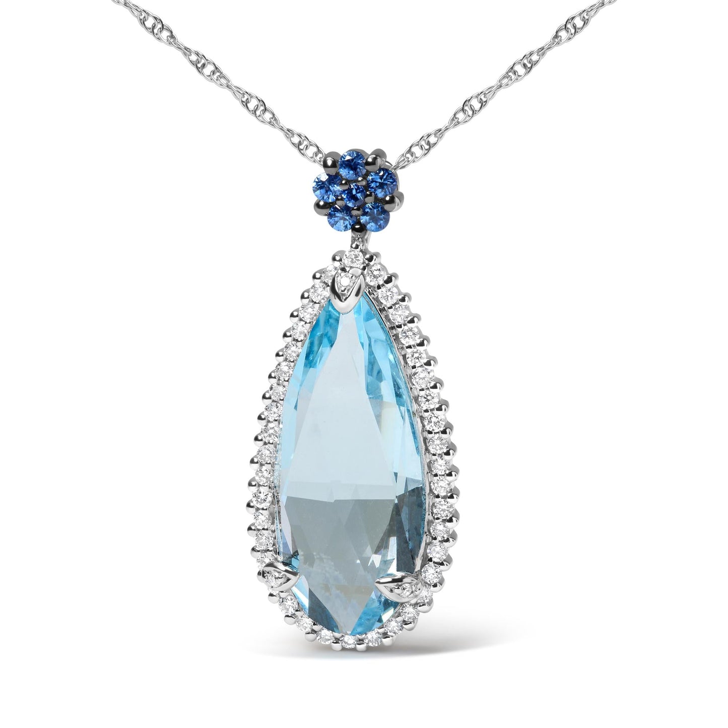 18K White Gold 3/8 Cttw Pave Set Diamond and Sky Blue Topaz and Blue Sapphire Gemstone Floral Teardrop Halo 18" Pendant Necklace (G-H Color, SI2-I1 Clarity)