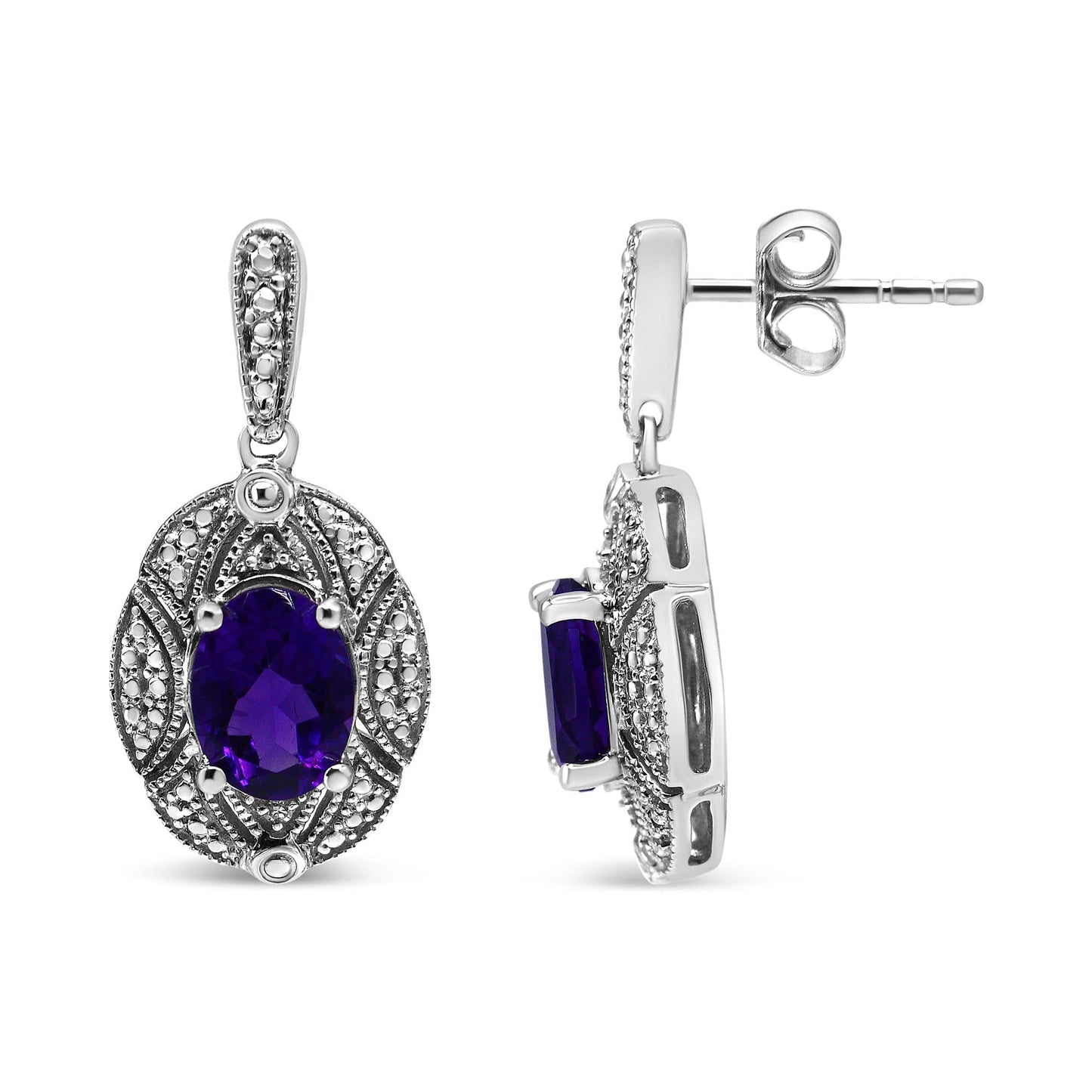 .925 Sterling Silver Diamond Accent and 8x6mm Purple Oval Amethyst Stud Earrings (I-J Color, I1-I2 Clarity)