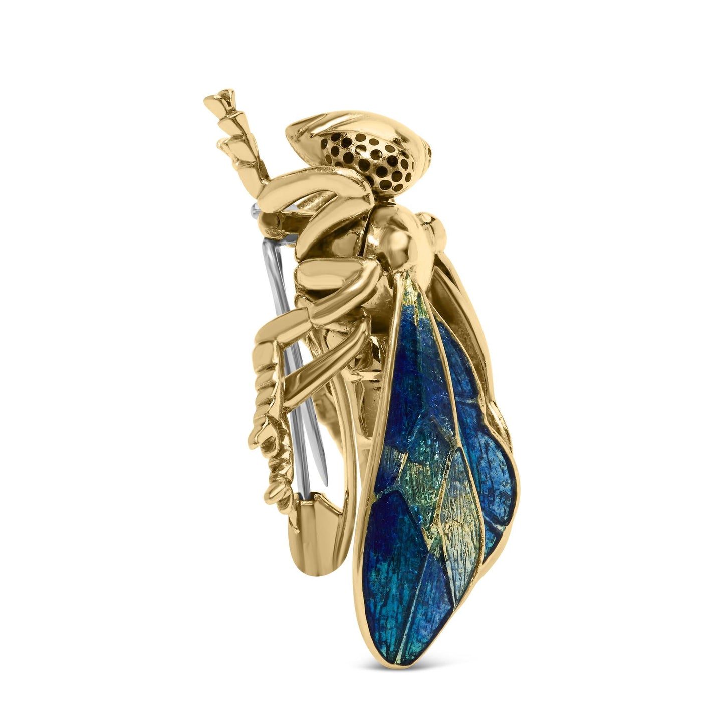 18K Yellow Gold 1/2 Cttw Pave Set Diamond and Blue-Green Enamel Bumblebee Brooch Pin (F-G Color, VS1-VS2 Clarity)