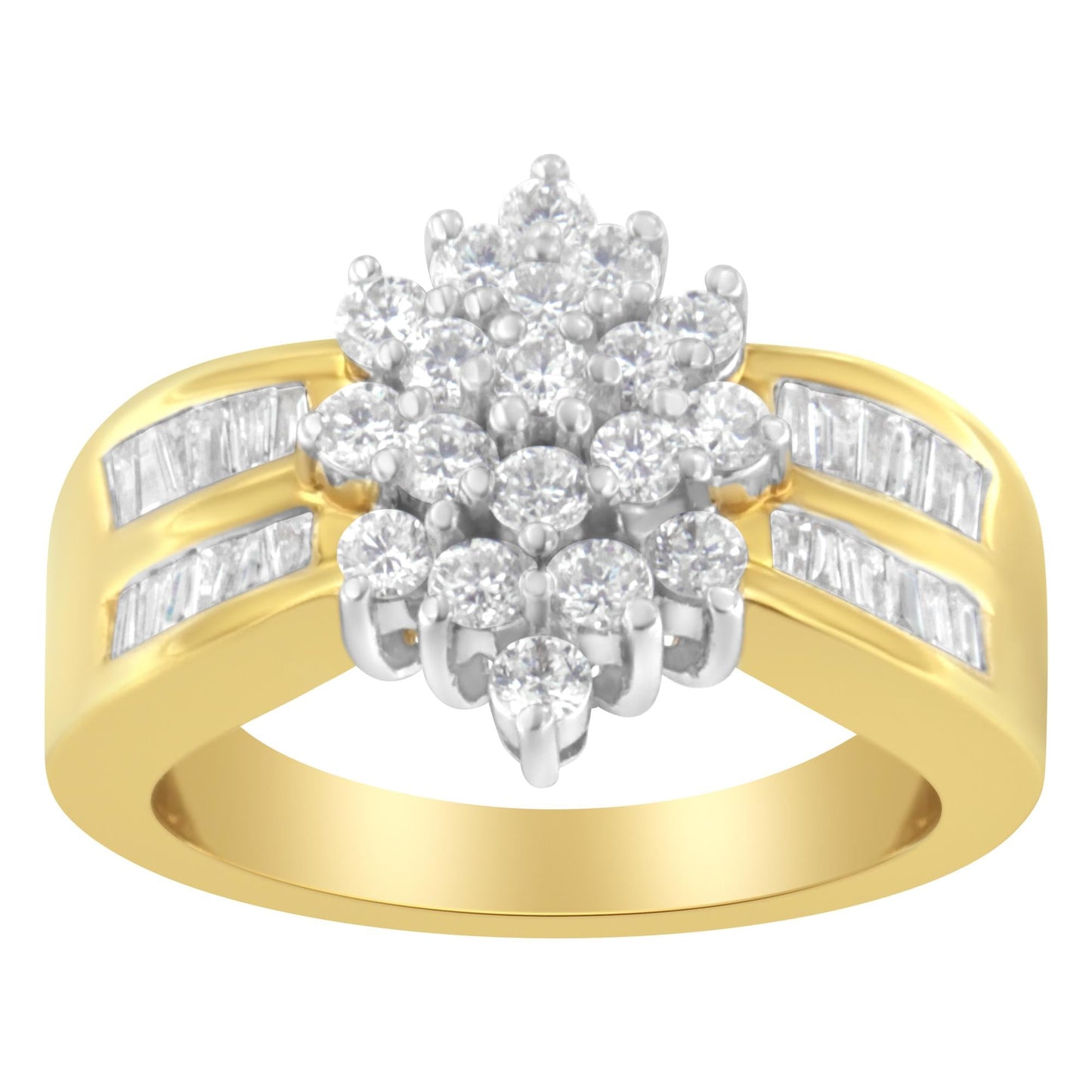 14K Yellow Gold 1.0 Cttw Round & Baguette Cut Diamond Floral Cluster Double-Channel Flared Band Cocktail Statement Ring (H-I Color, SI2-I1 Clarity)