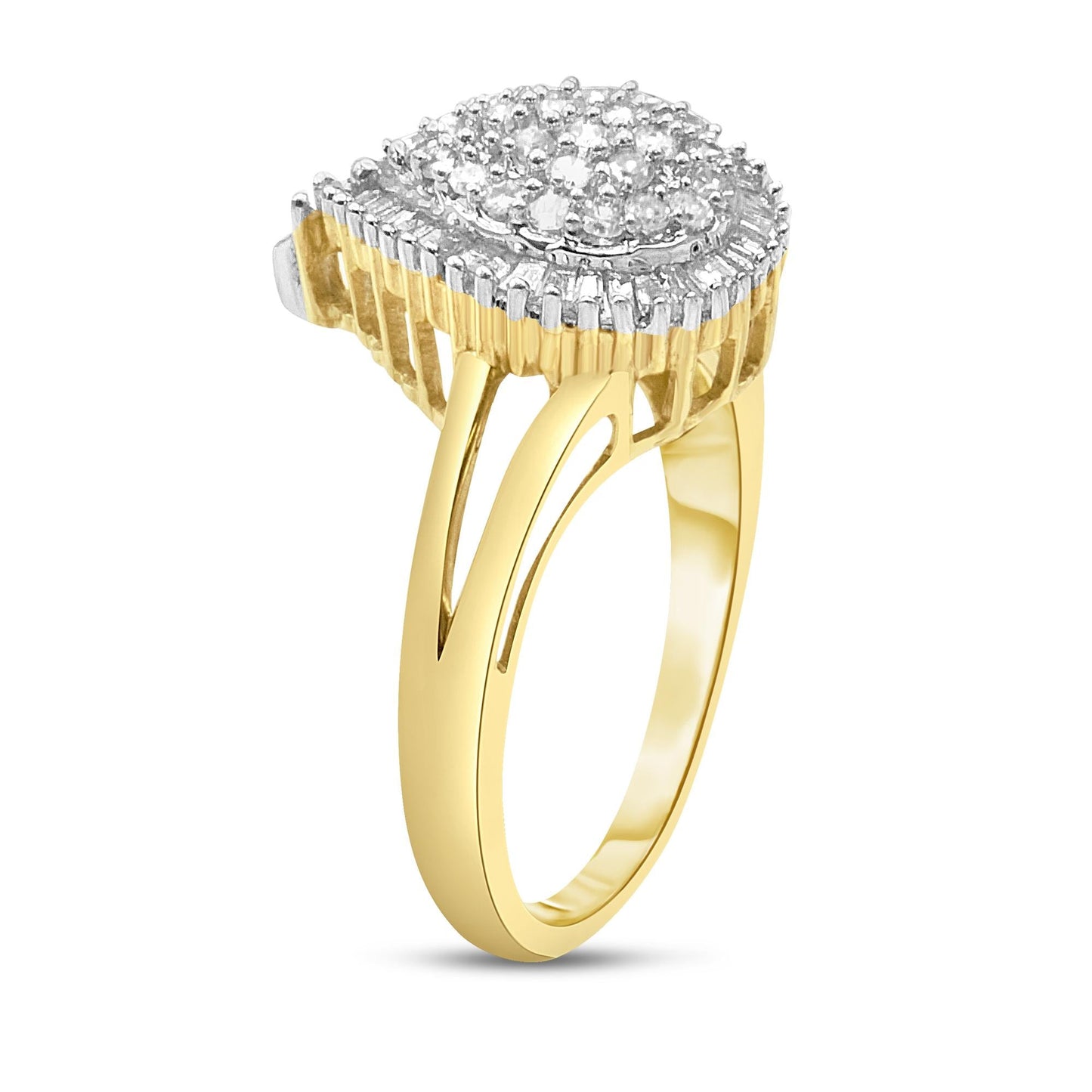 10K Yellow Gold 1/2 Cttw Round and Baguette-Cut Diamond Pear Ring (I-J Color, I1-I2 Clarity)